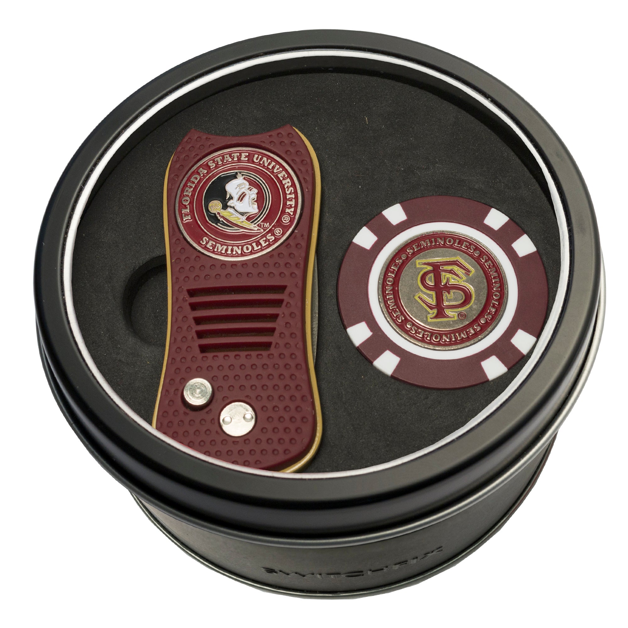Florida State Seminoles Switchblade Divot Tool + Golf Chip Tin Gift Set