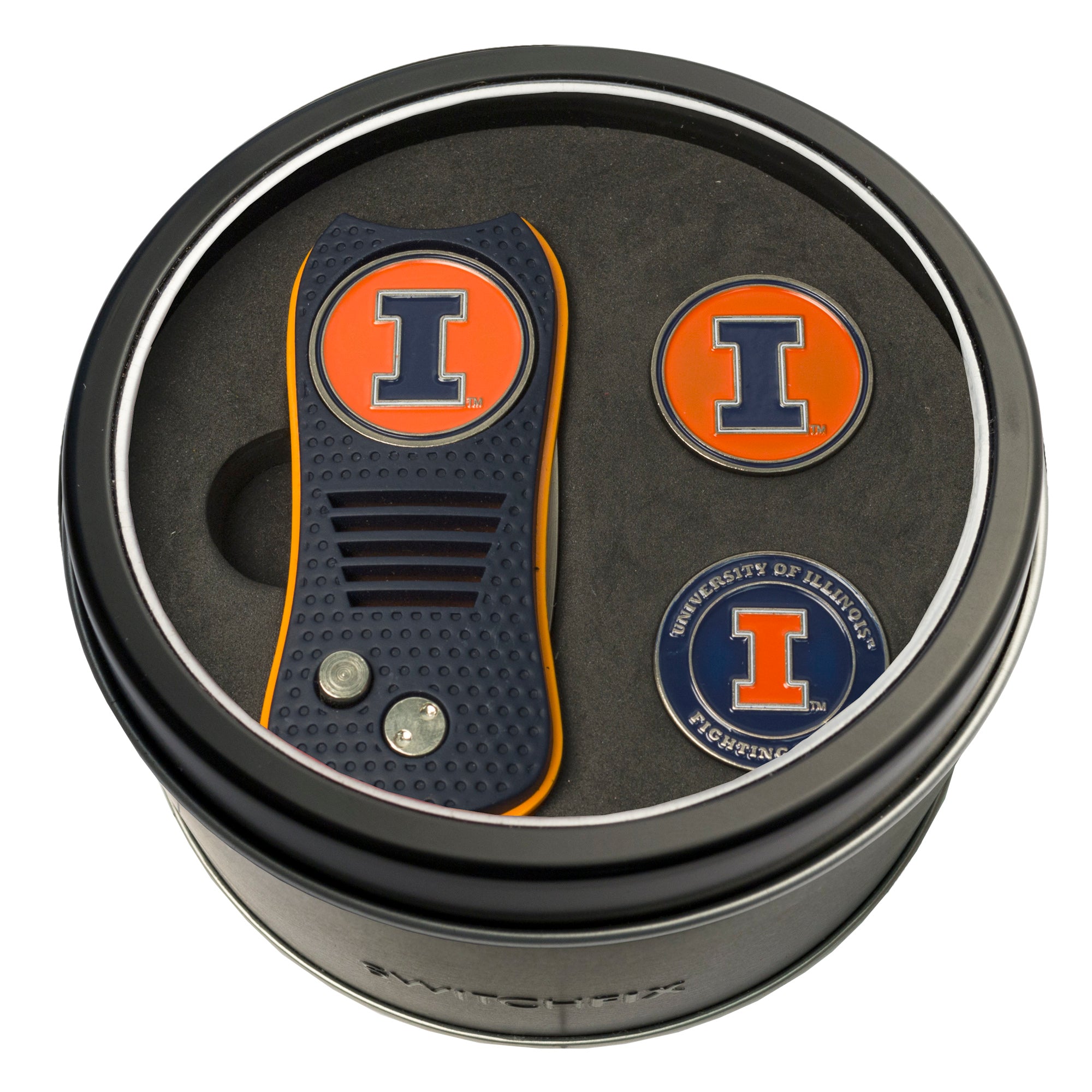 Illinois Fighting Illini Switchblade Divot Tool + 2 Ball Marker Tin Gift Set