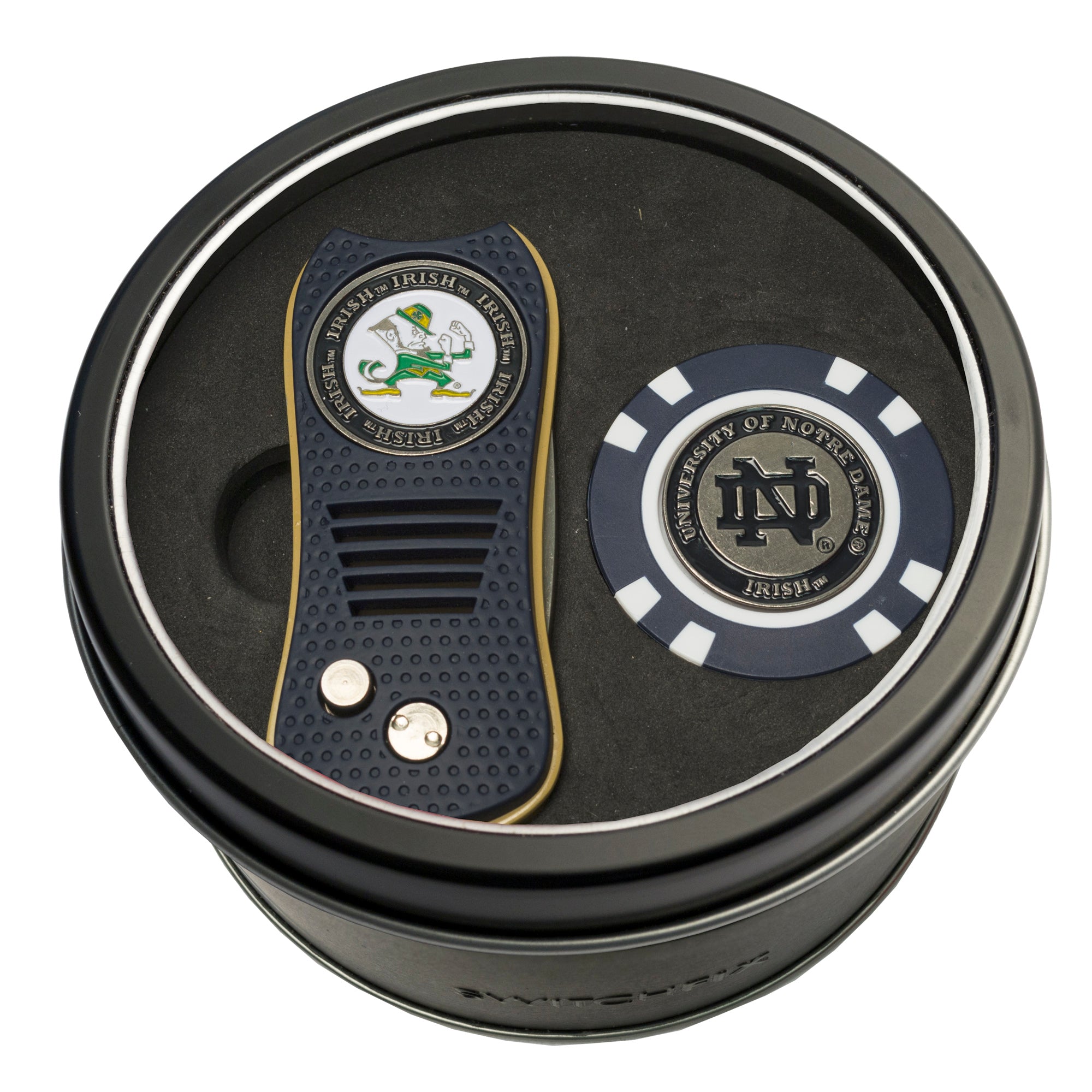 Notre Dame Fighting Irish Switchblade Divot Tool + Golf Chip Tin Gift Set