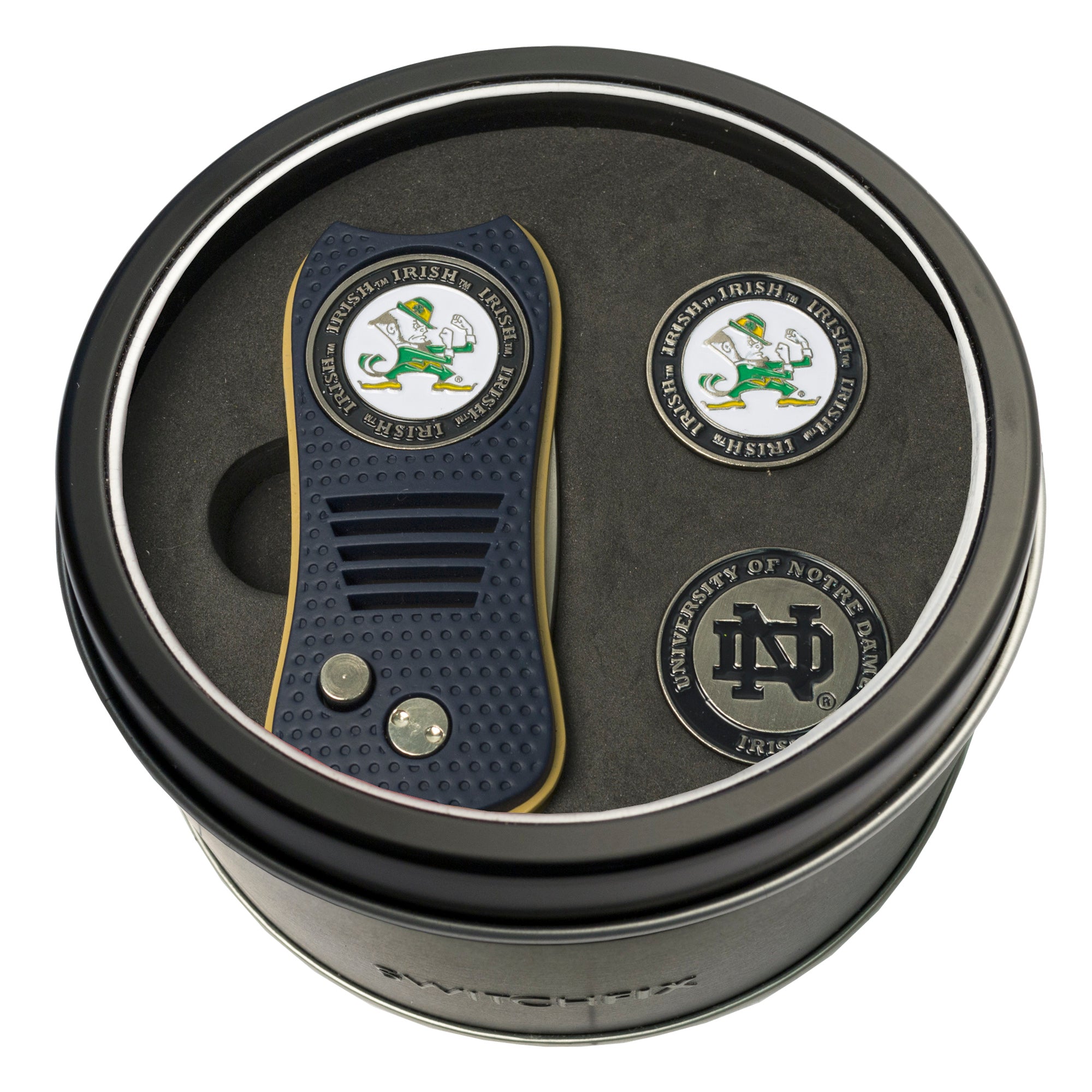 Notre Dame Fighting Irish Switchblade Divot Tool + 2 Ball Marker Tin Gift Set