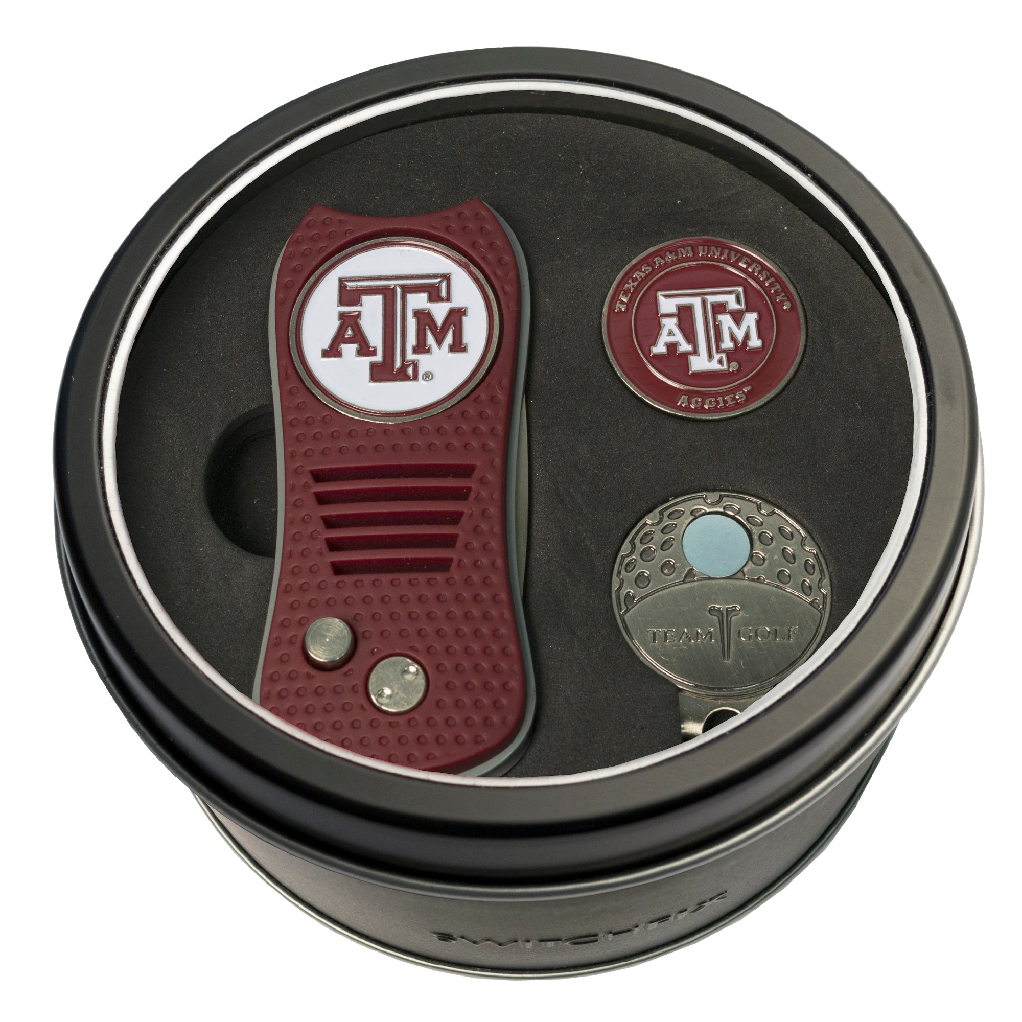 Texas A&M Aggies Switchblade Divot Tool + Cap Clip + Ball Marker Tin Gift Set