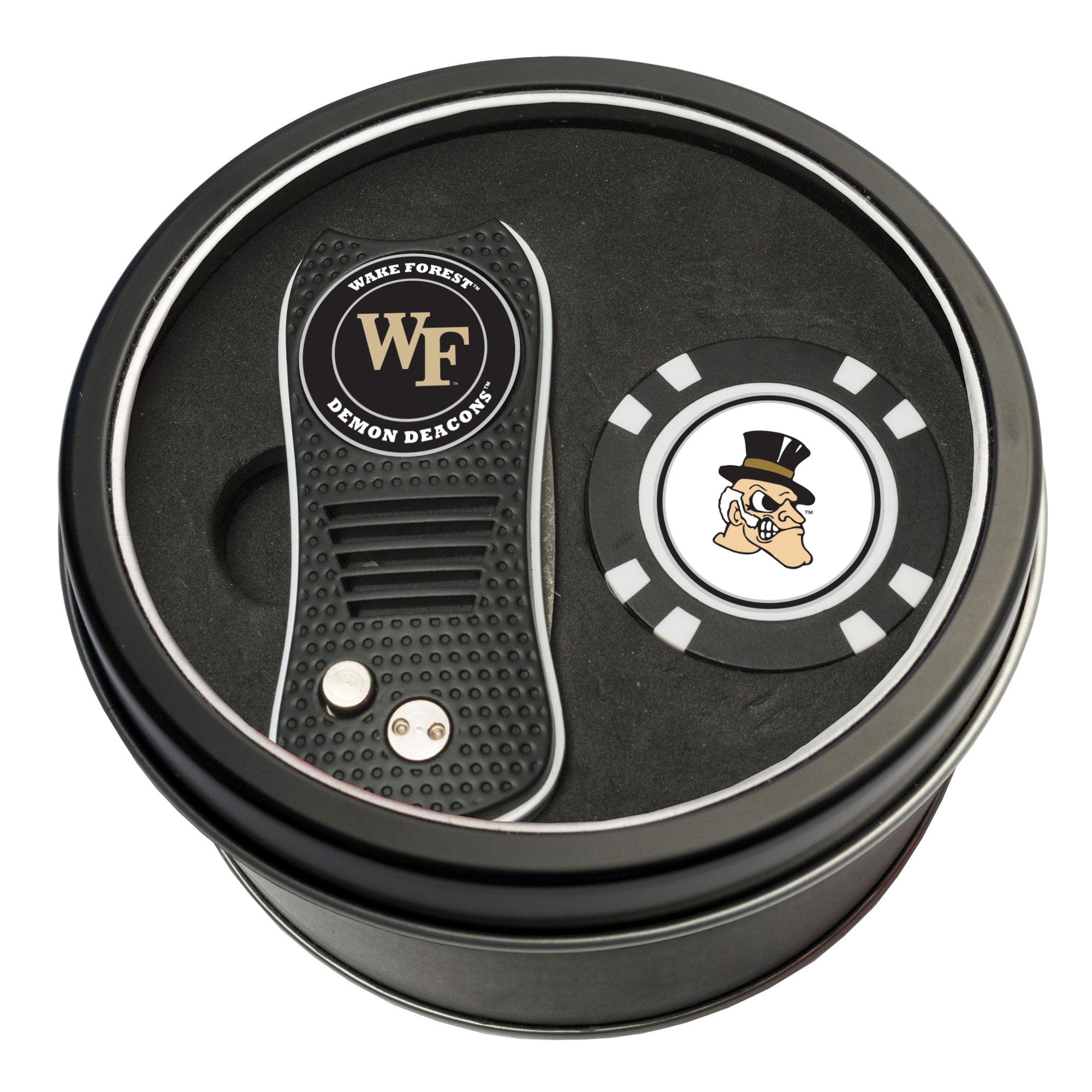 Wake Forest Demon Deacons Switchblade Divot Tool + Golf Chip Tin Gift Set