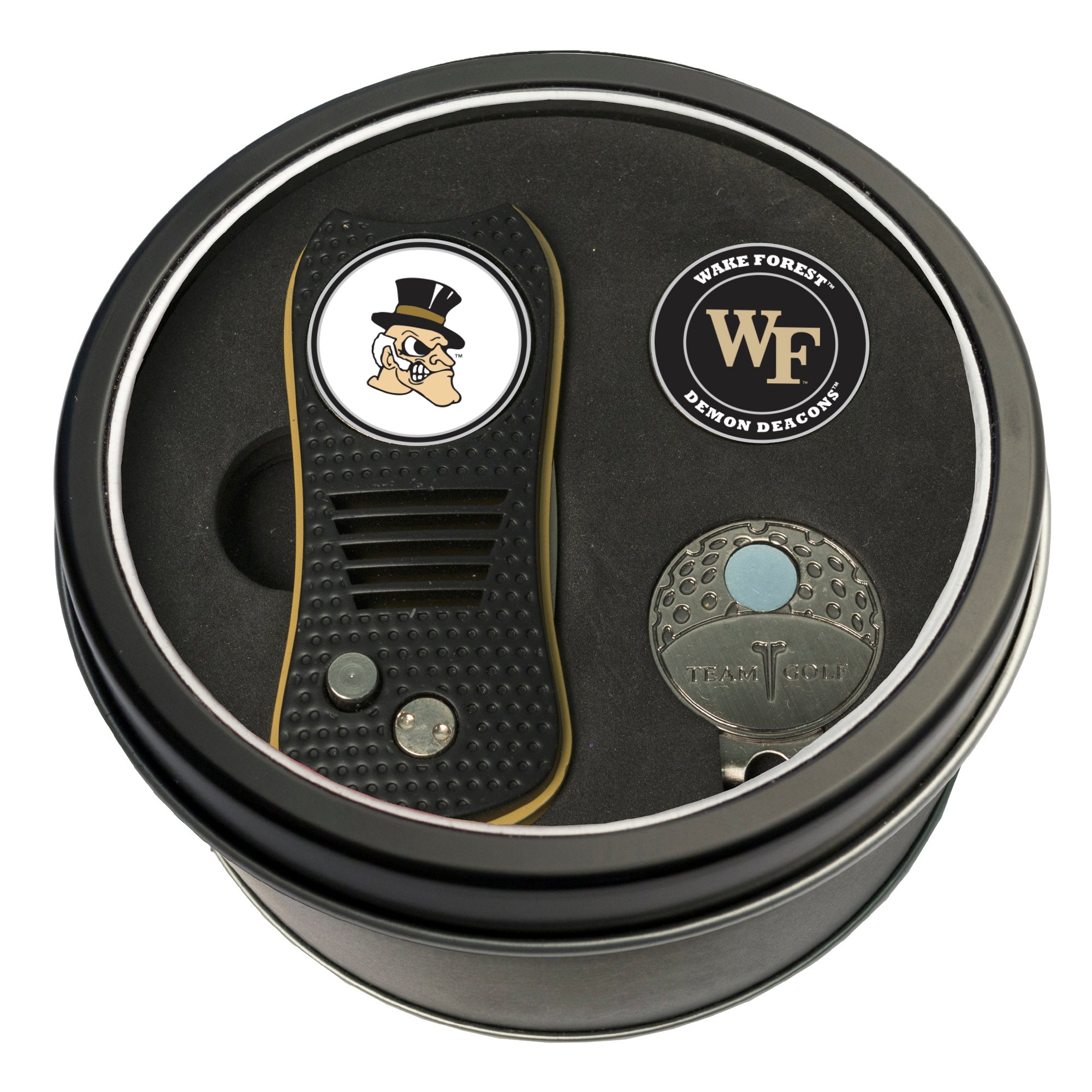 Wake Forest Demon Deacons Switchblade Divot Tool + Cap Clip + Ball Marker Tin Gift Set