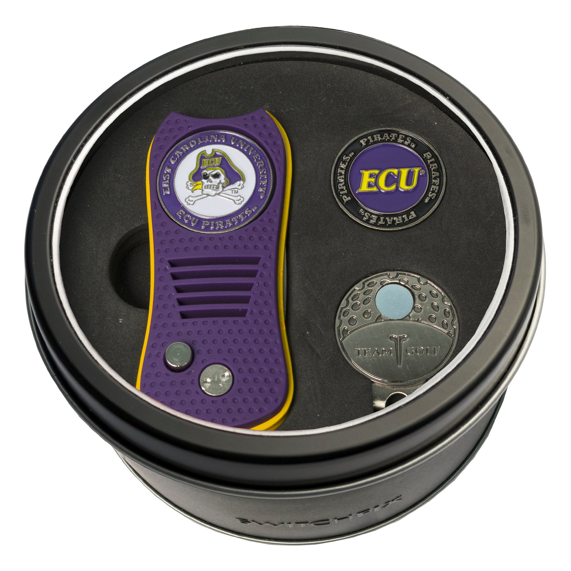 East Carolina Pirates Switchblade Divot Tool + Cap Clip + Ball Marker Tin Gift Set
