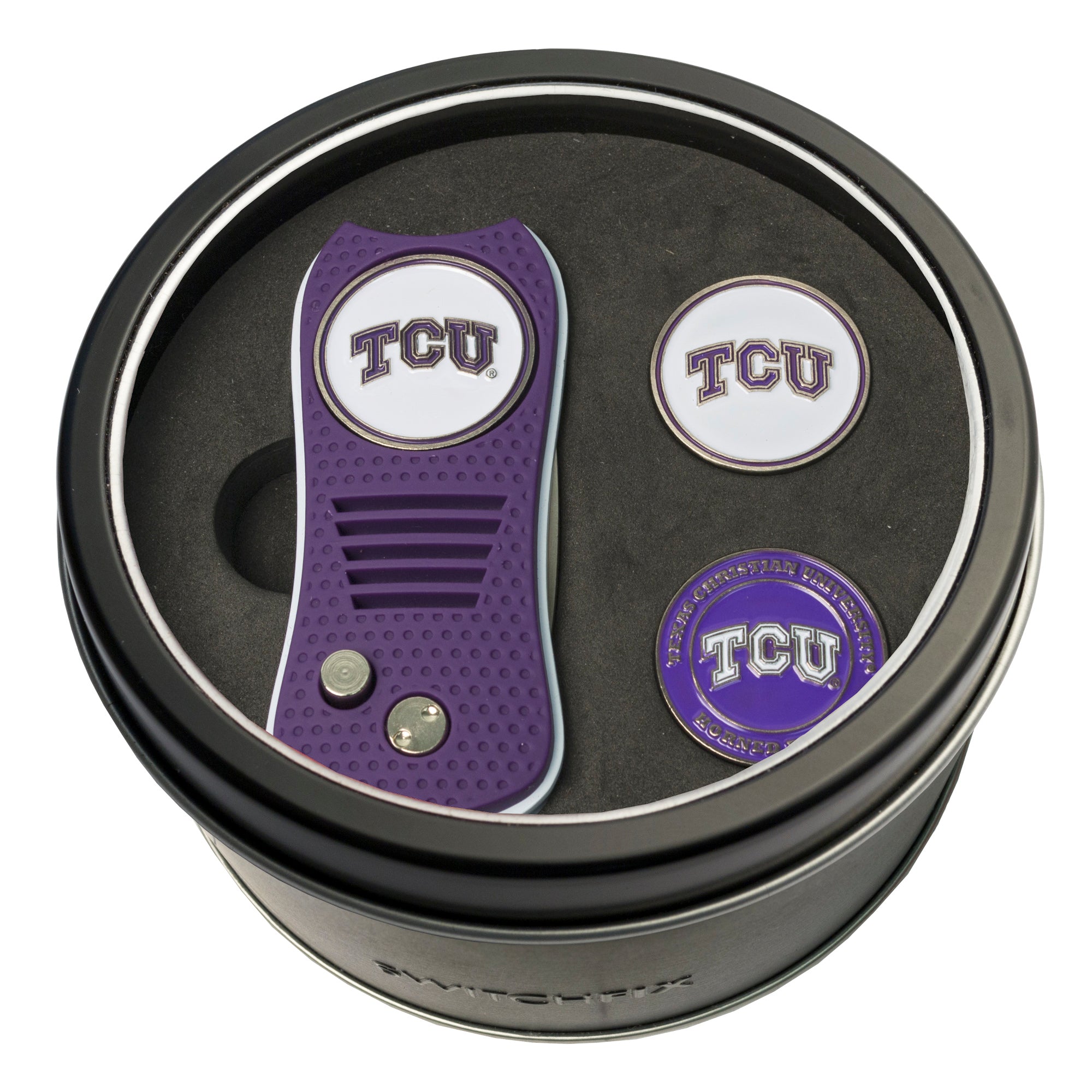 TCU Horned Frogs Switchblade Divot Tool + 2 Ball Marker Tin Gift Set