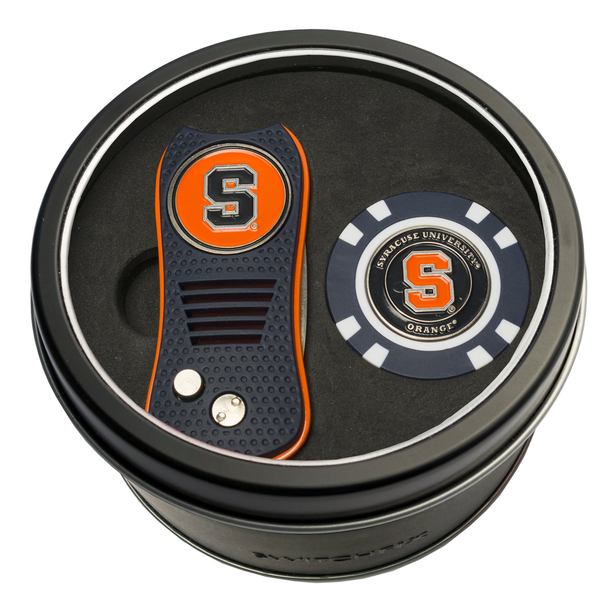 Syracuse Orange Switchblade Divot Tool + Golf Chip Tin Gift Set