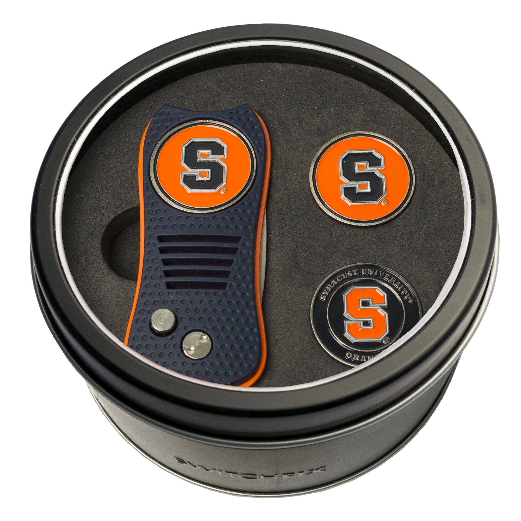 Syracuse Orange Switchblade Divot Tool + 2 Ball Marker Tin Gift Set