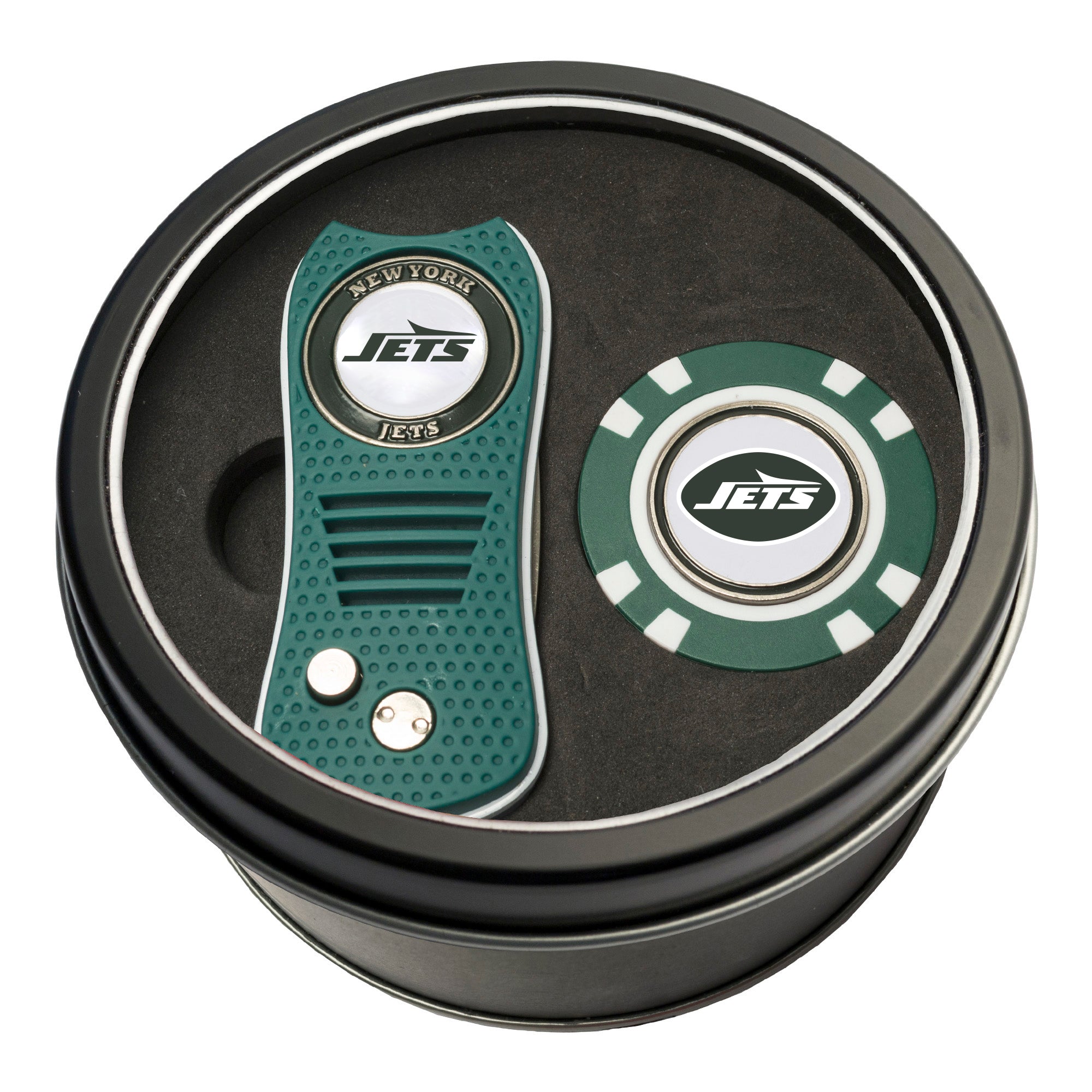 New York Jets Switchblade Divot Tool + 2 Ball Marker Tin Gift Set