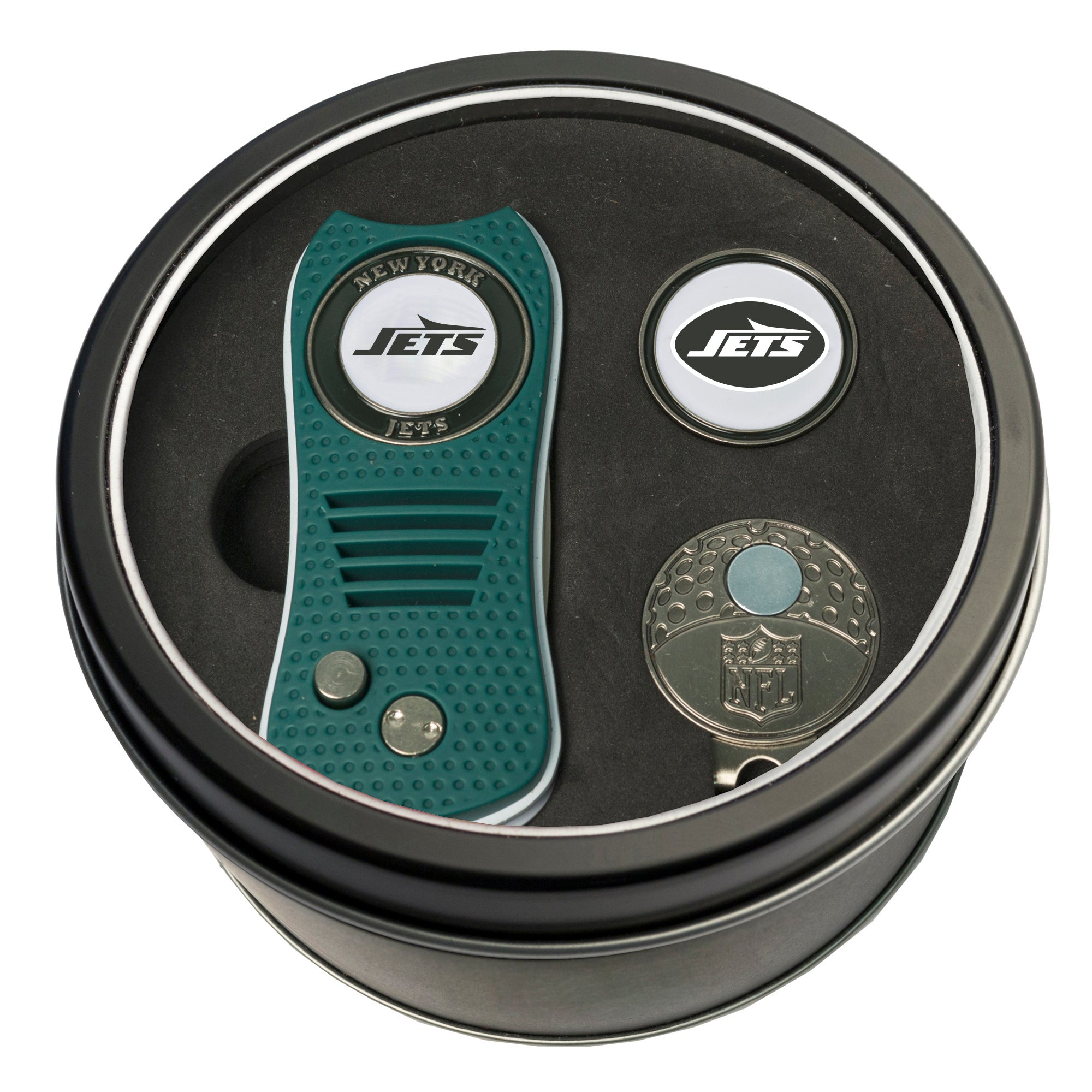 New York Jets Switchblade Divot Tool + Cap Clip + Ball Marker Tin Gift Set