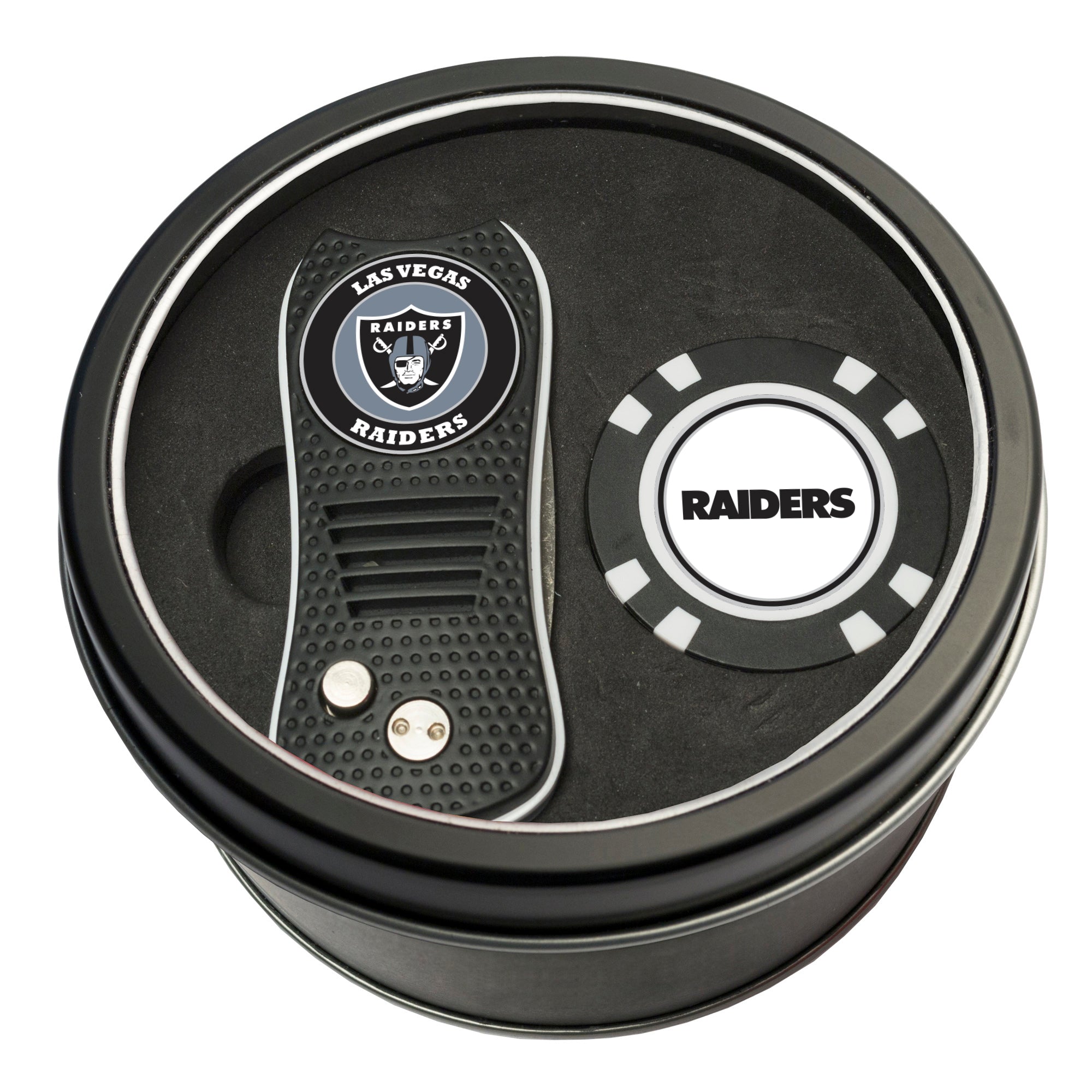 Las Vegas Raiders Switchblade Divot Tool + Golf Chip Tin Gift Set
