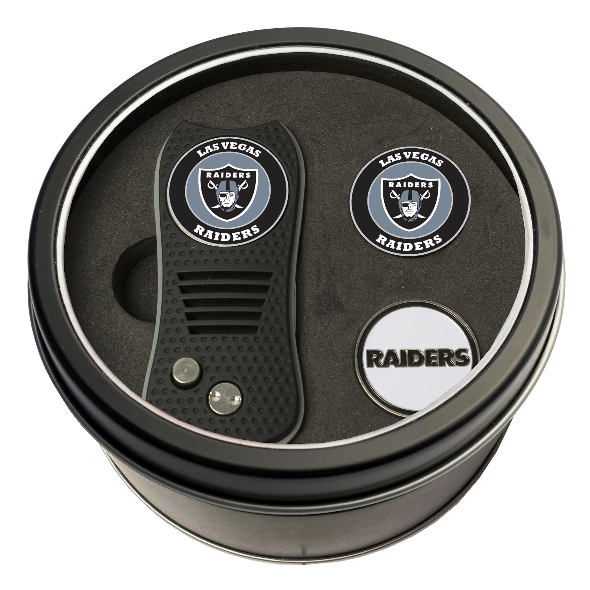 Las Vegas Raiders Switchblade Divot Tool + 2 Ball Marker Tin Gift Set