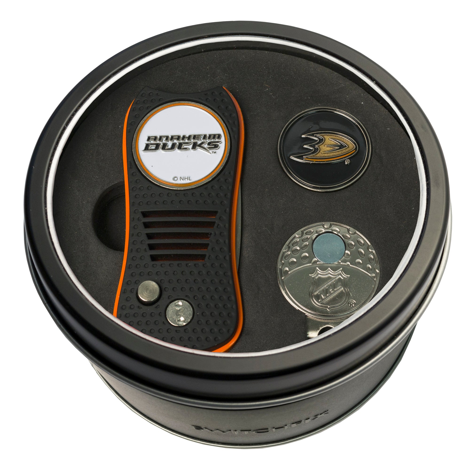 Anaheim Ducks Switchblade Divot Tool + Cap Clip + Ball Marker Tin Gift Set