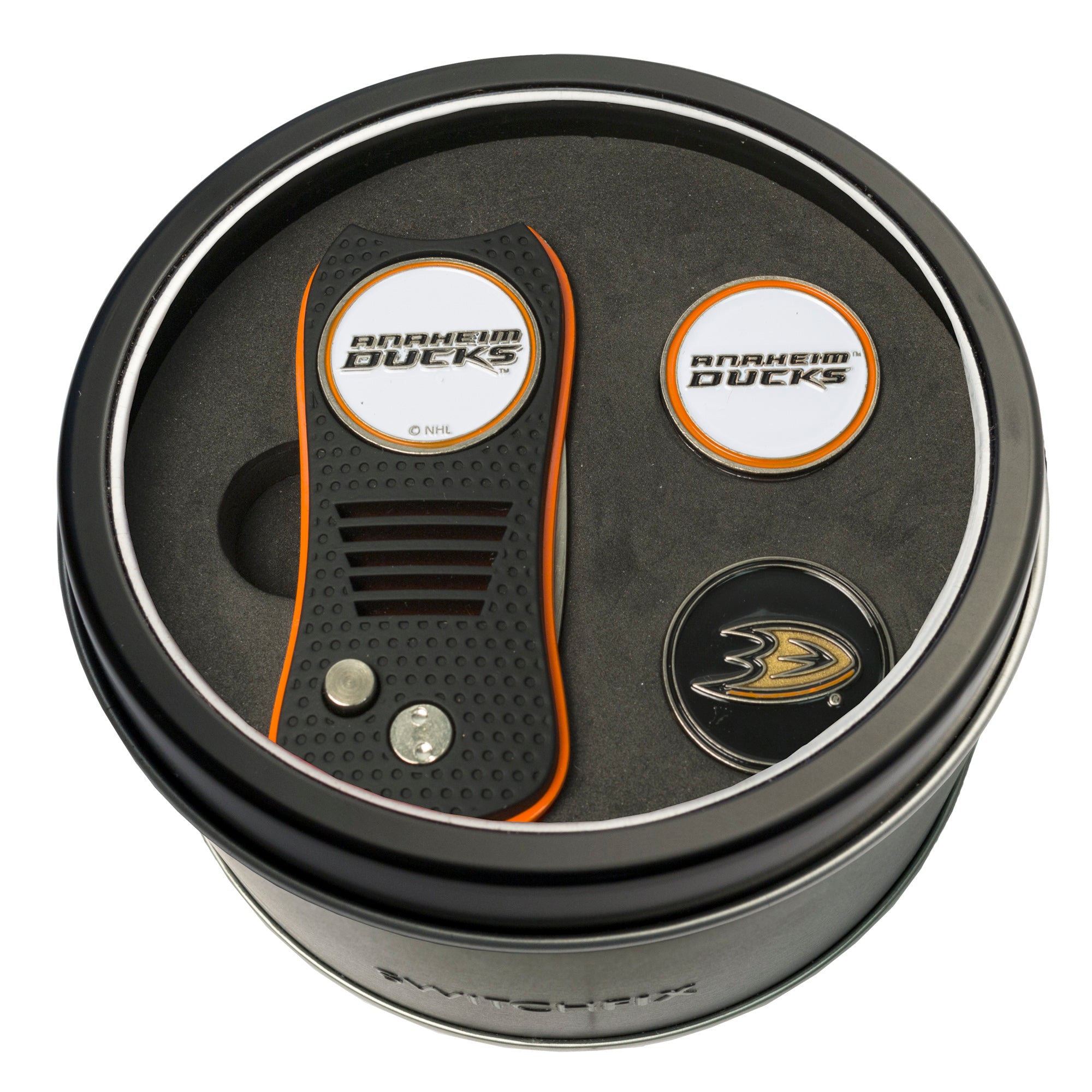 Anaheim Ducks Switchblade Divot Tool + 2 Ball Marker Tin Gift Set