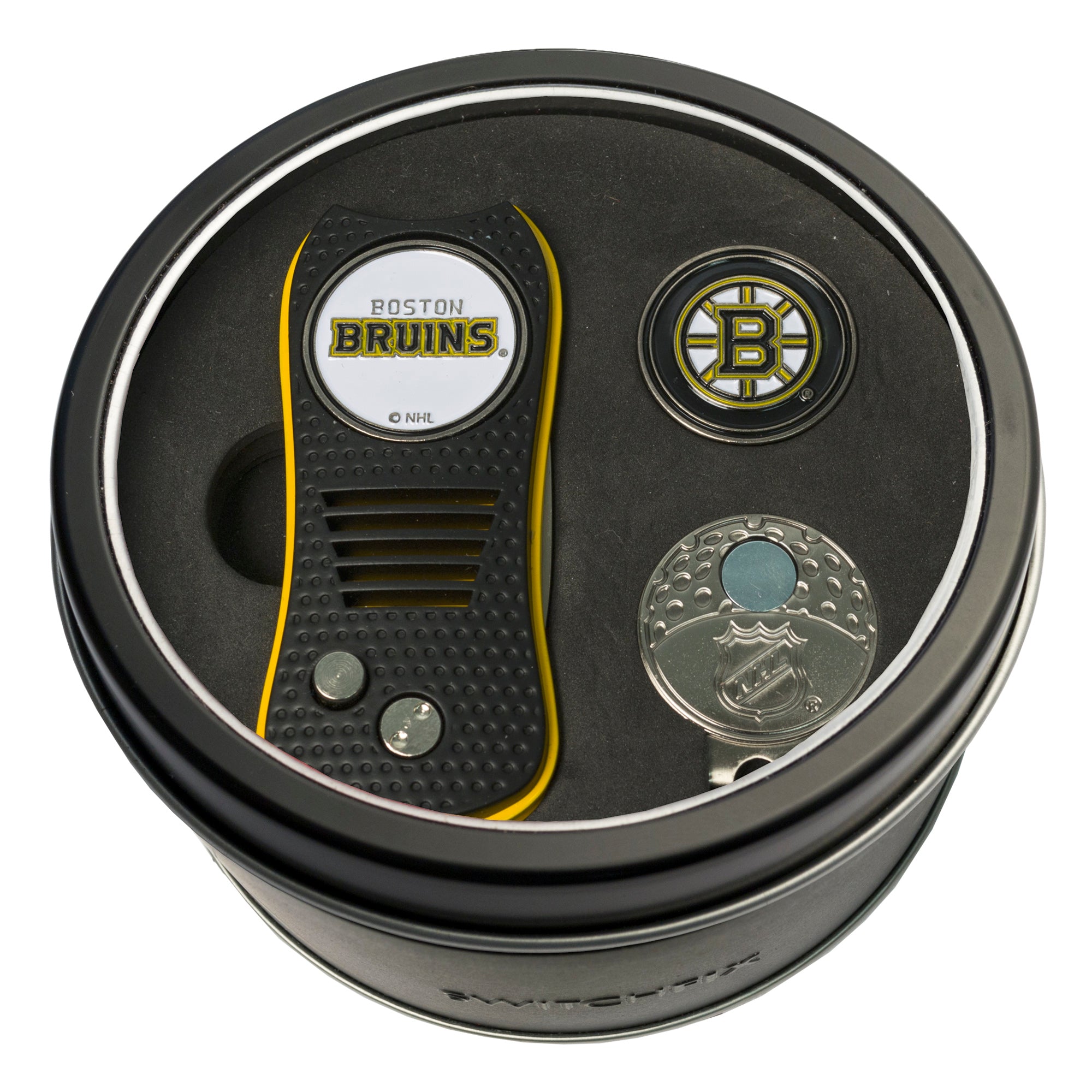 Boston Bruins Switchblade Divot Tool + Cap Clip + Ball Marker Tin Gift Set