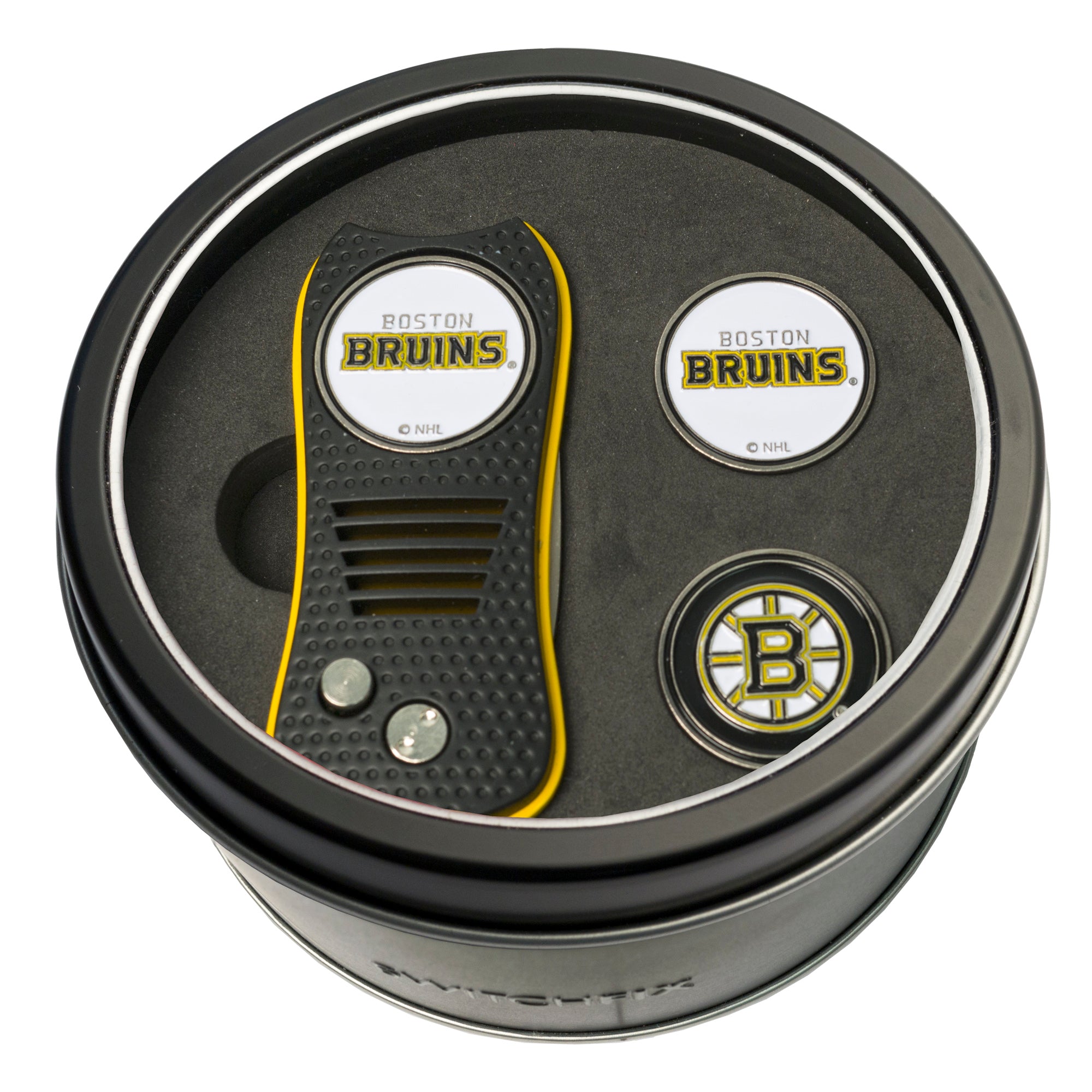 Boston Bruins Switchblade Divot Tool + 2 Ball Marker Tin Gift Set