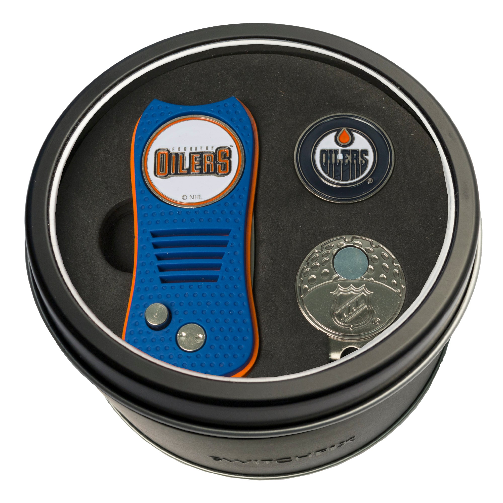 Edmonton Oilers Switchblade Divot Tool + Cap Clip + Ball Marker Tin Gift Set