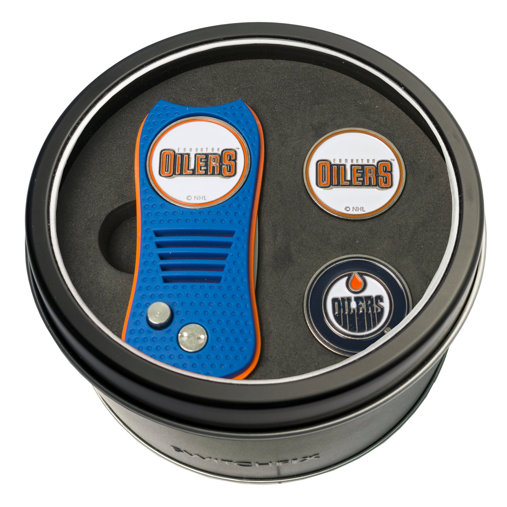 Edmonton Oilers Switchblade Divot Tool + 2 Ball Marker Tin Gift Set