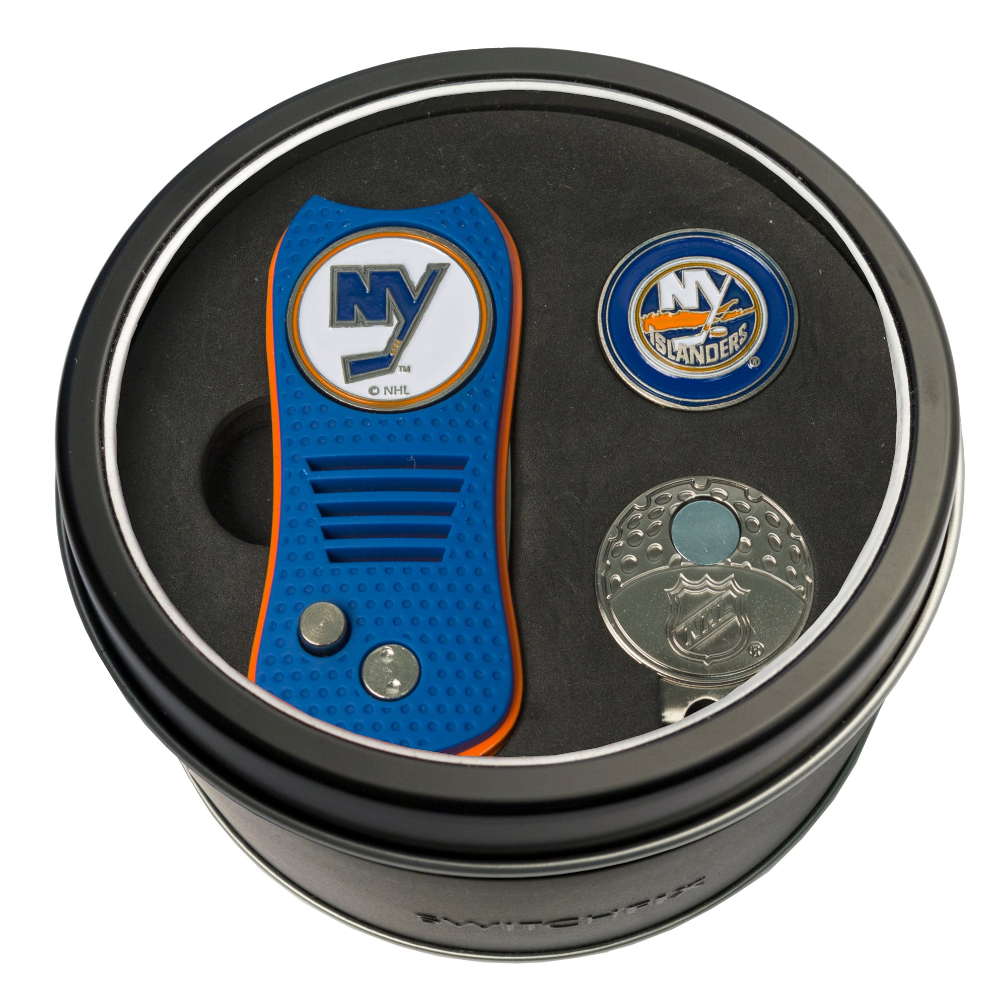 New York Islanders Switchblade Divot Tool + Cap Clip + Ball Marker Tin Gift Set