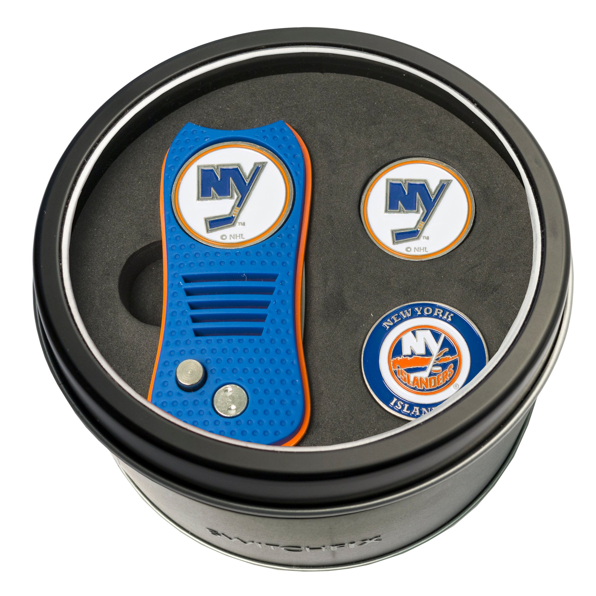 New York Islanders Switchblade Divot Tool + 2 Ball Marker Tin Gift Set