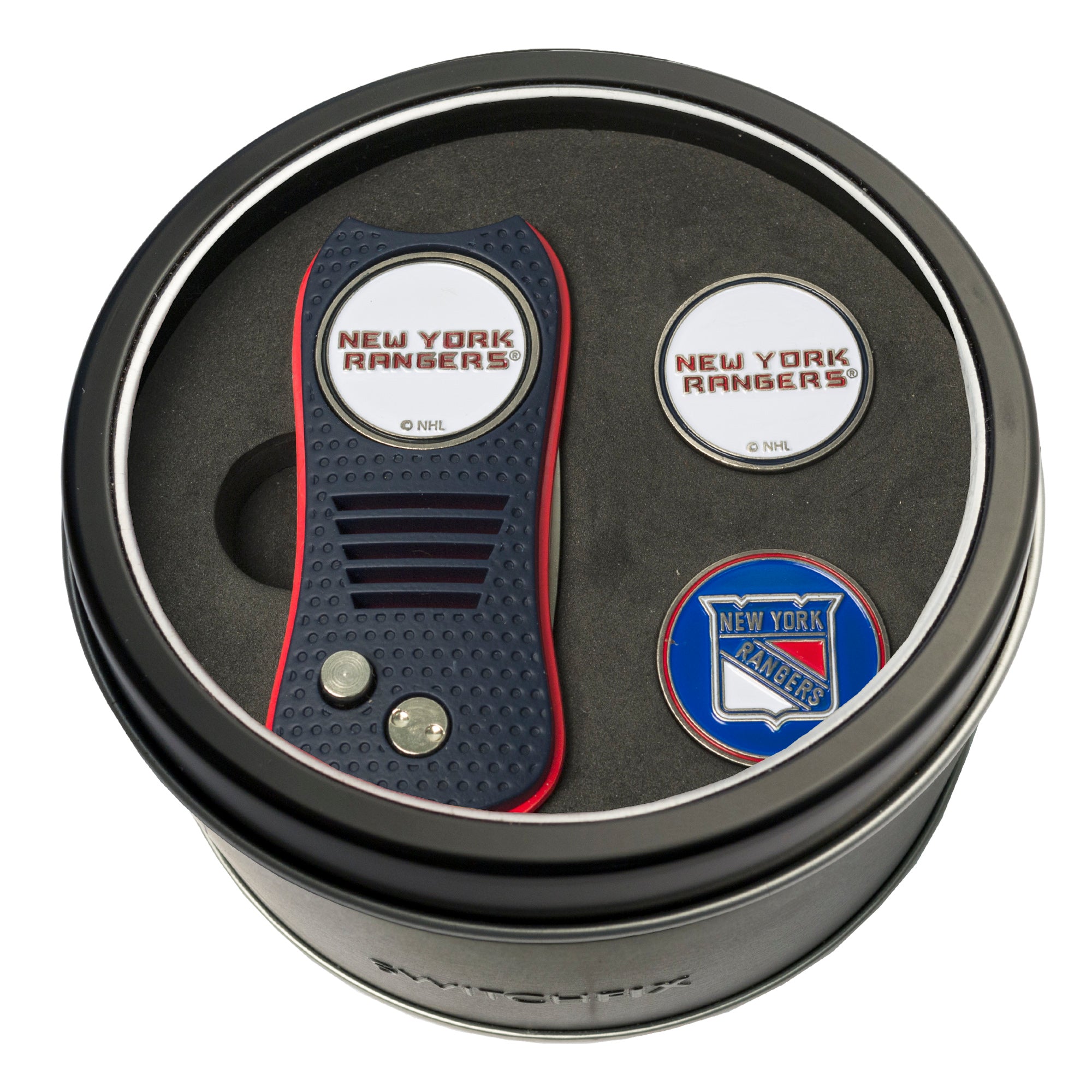 New York Rangers Switchblade Divot Tool + 2 Ball Marker Tin Gift Set