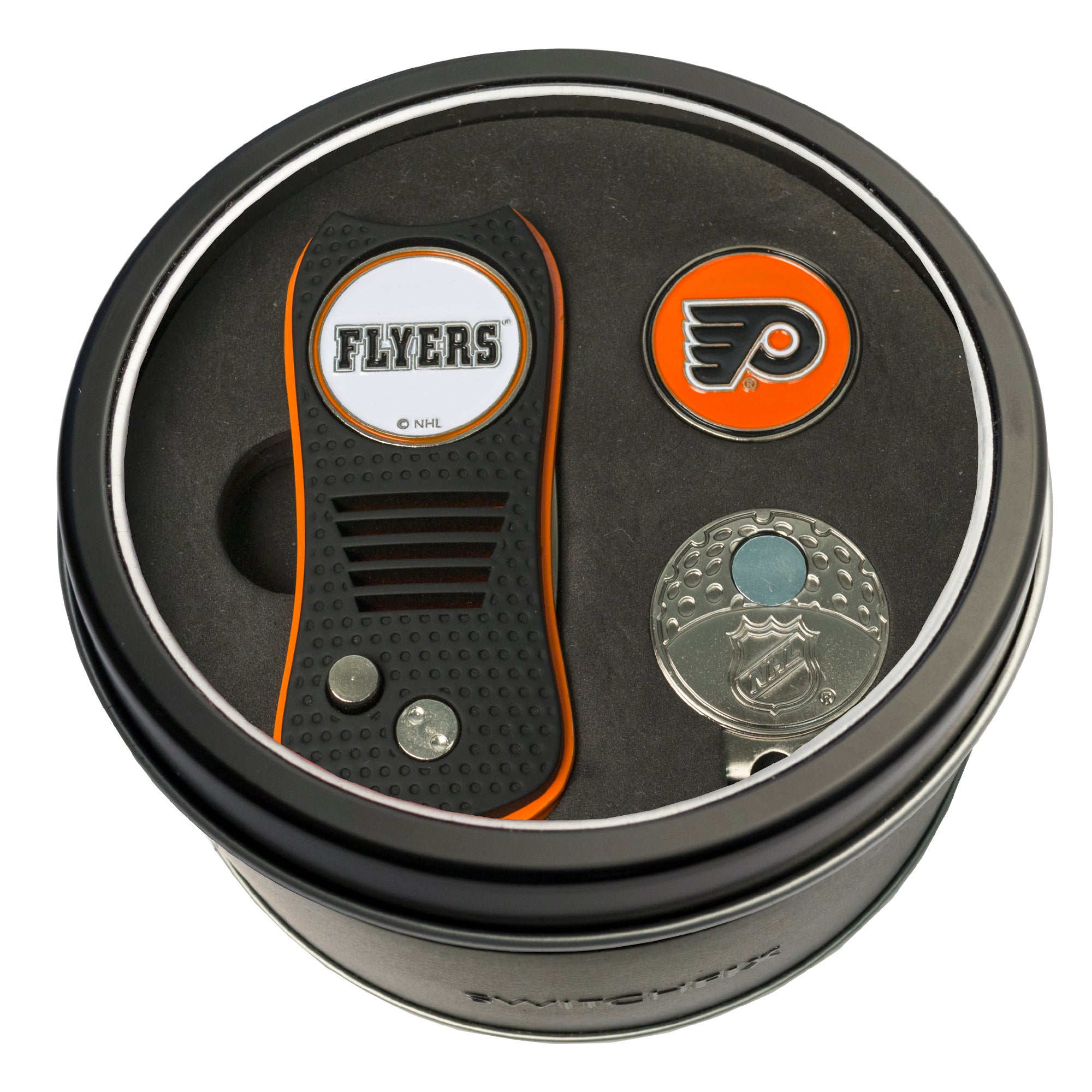 Philadelphia Flyers Switchblade Divot Tool + Cap Clip + Ball Marker Tin Gift Set