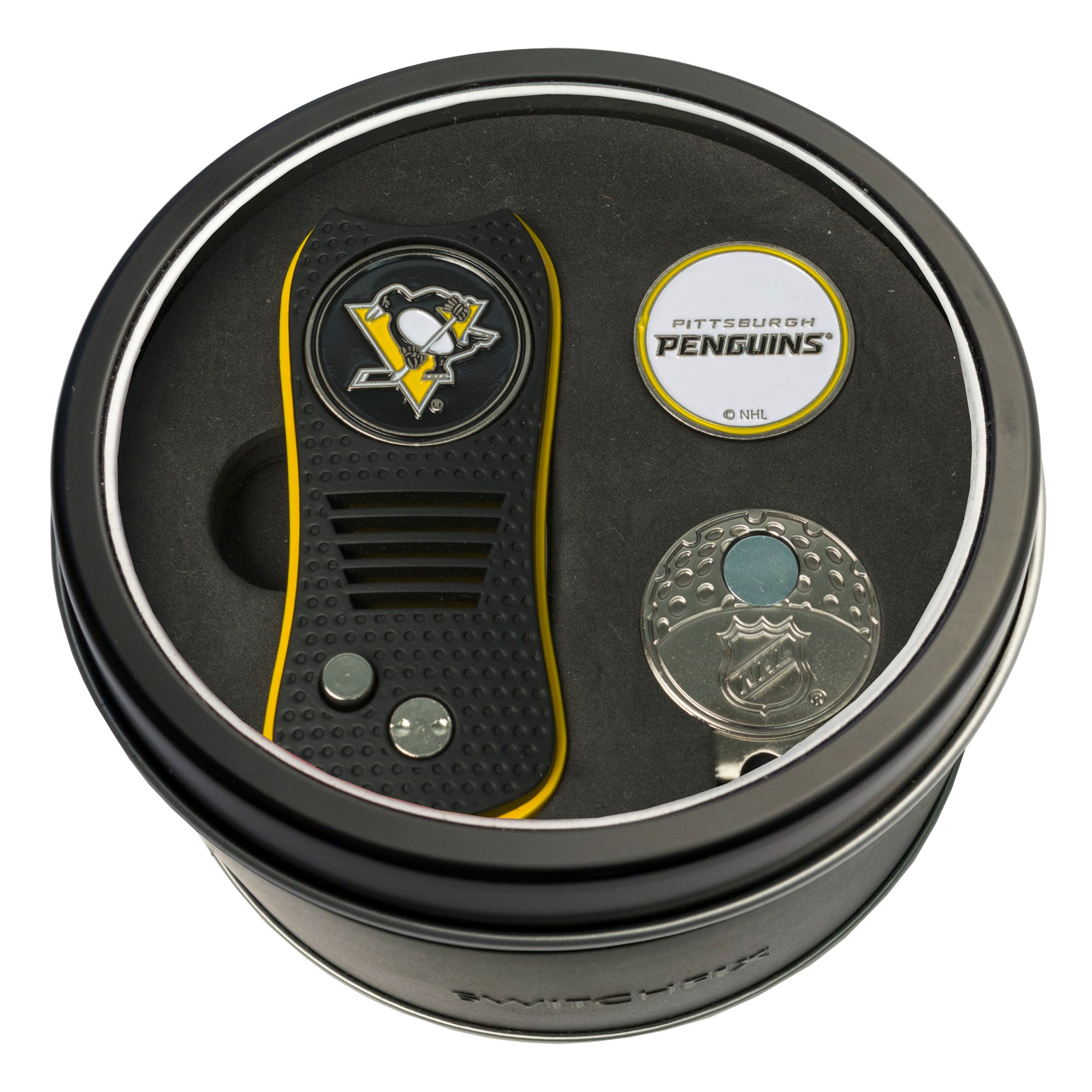 Pittsburgh Penguins Switchblade Divot Tool + Cap Clip + Ball Marker Tin Gift Set
