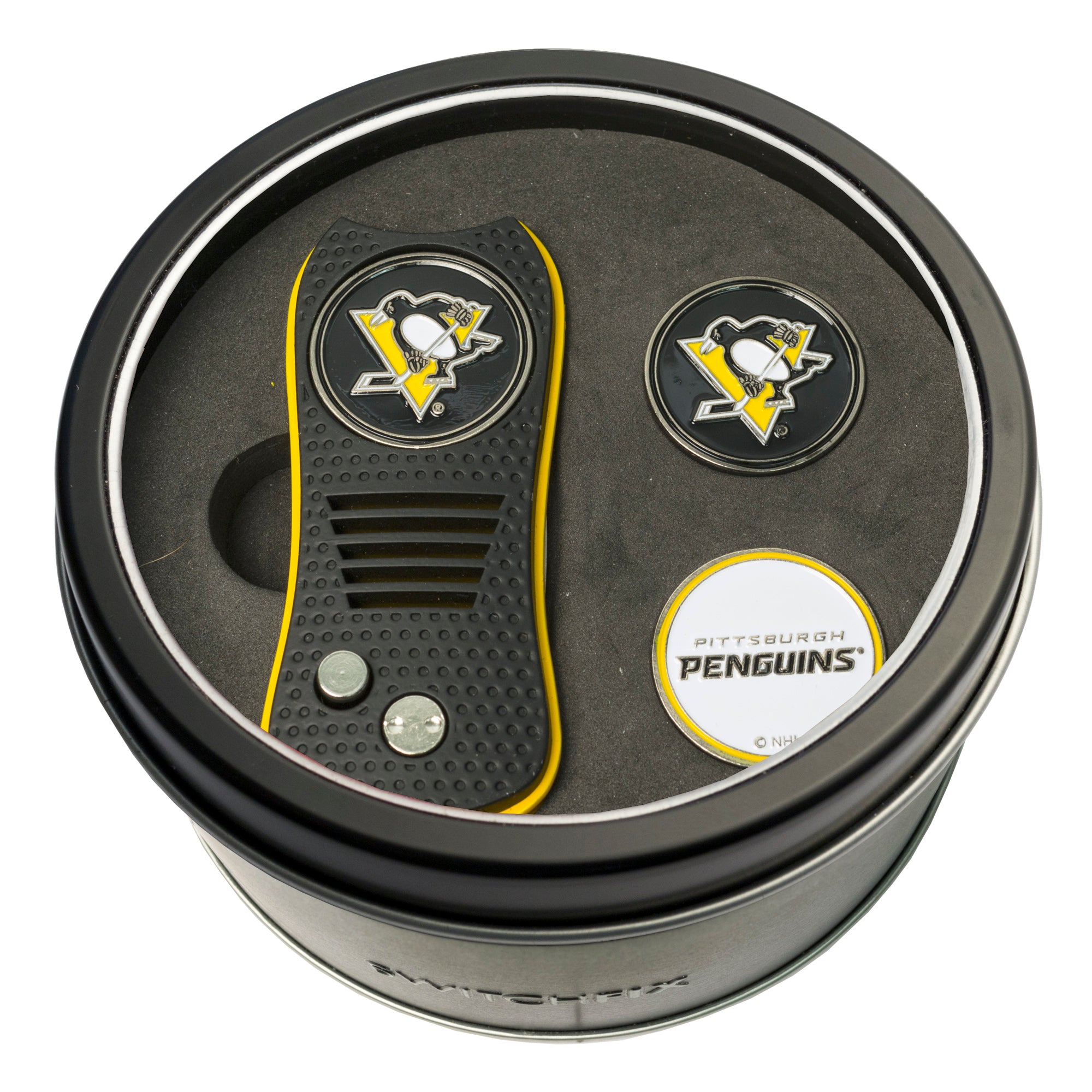 Pittsburgh Penguins Switchblade Divot Tool + 2 Ball Marker Tin Gift Set