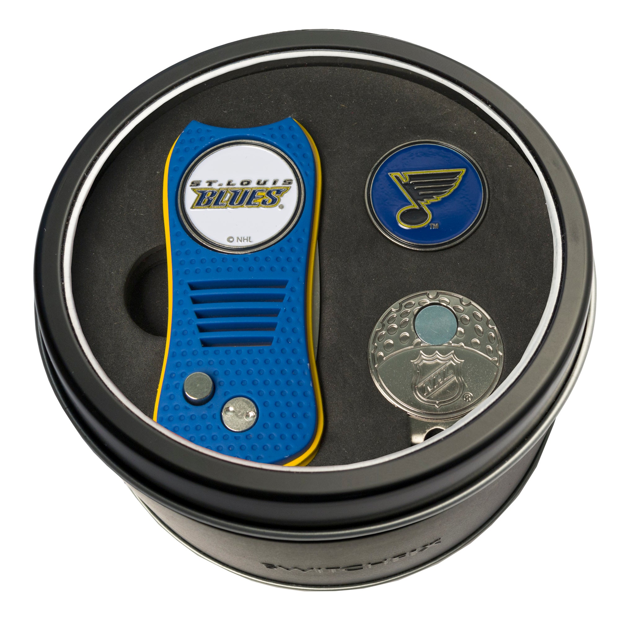 St. Louis Blues Switchblade Divot Tool + Cap Clip + Ball Marker Tin Gift Set