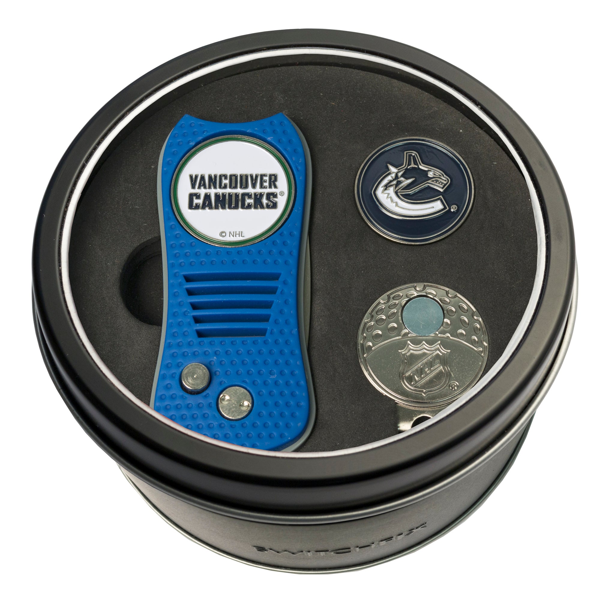 Vancouver Canucks Switchblade Divot Tool + Cap Clip + Ball Marker Tin Gift Set