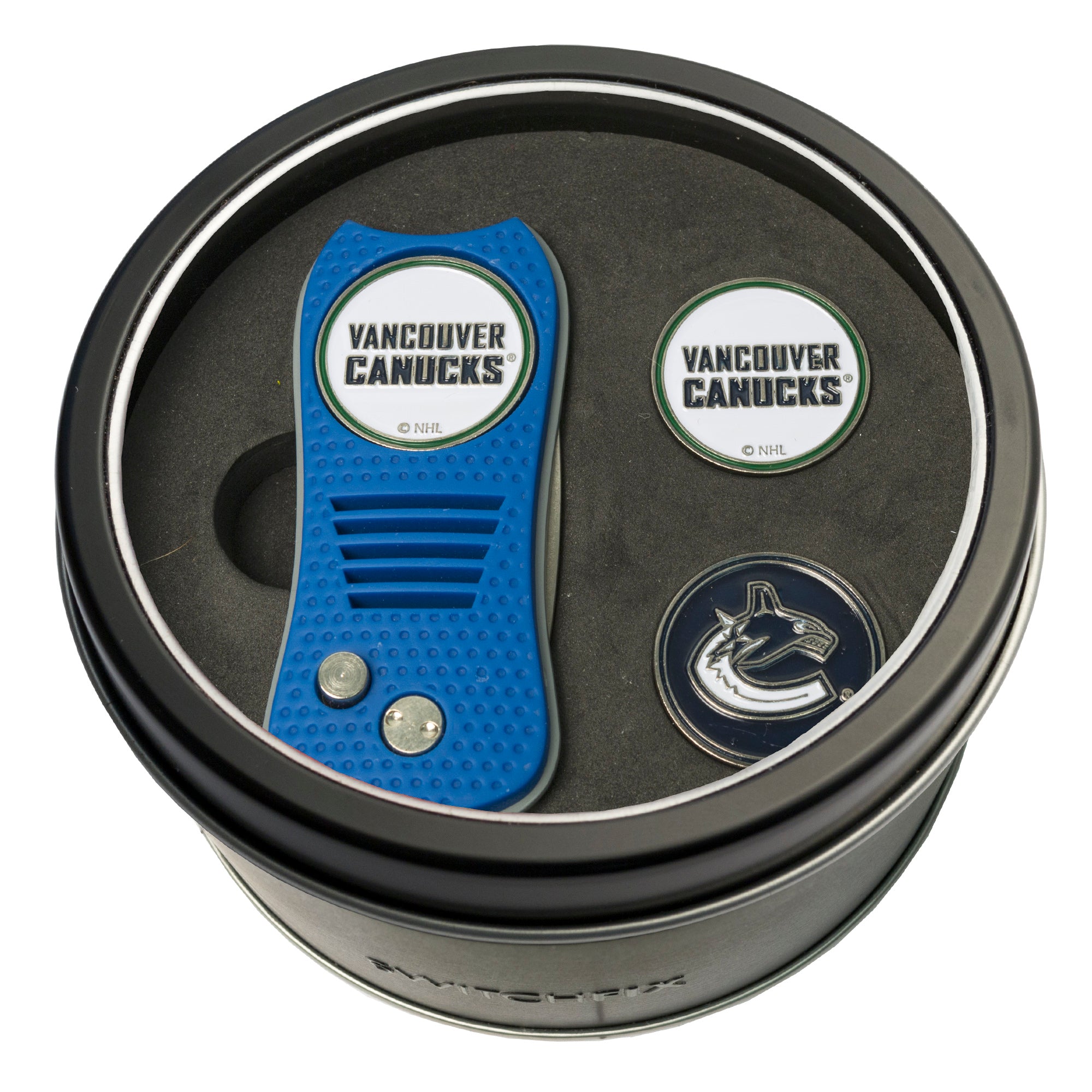 Vancouver Canucks Switchblade Divot Tool + 2 Ball Marker Tin Gift Set