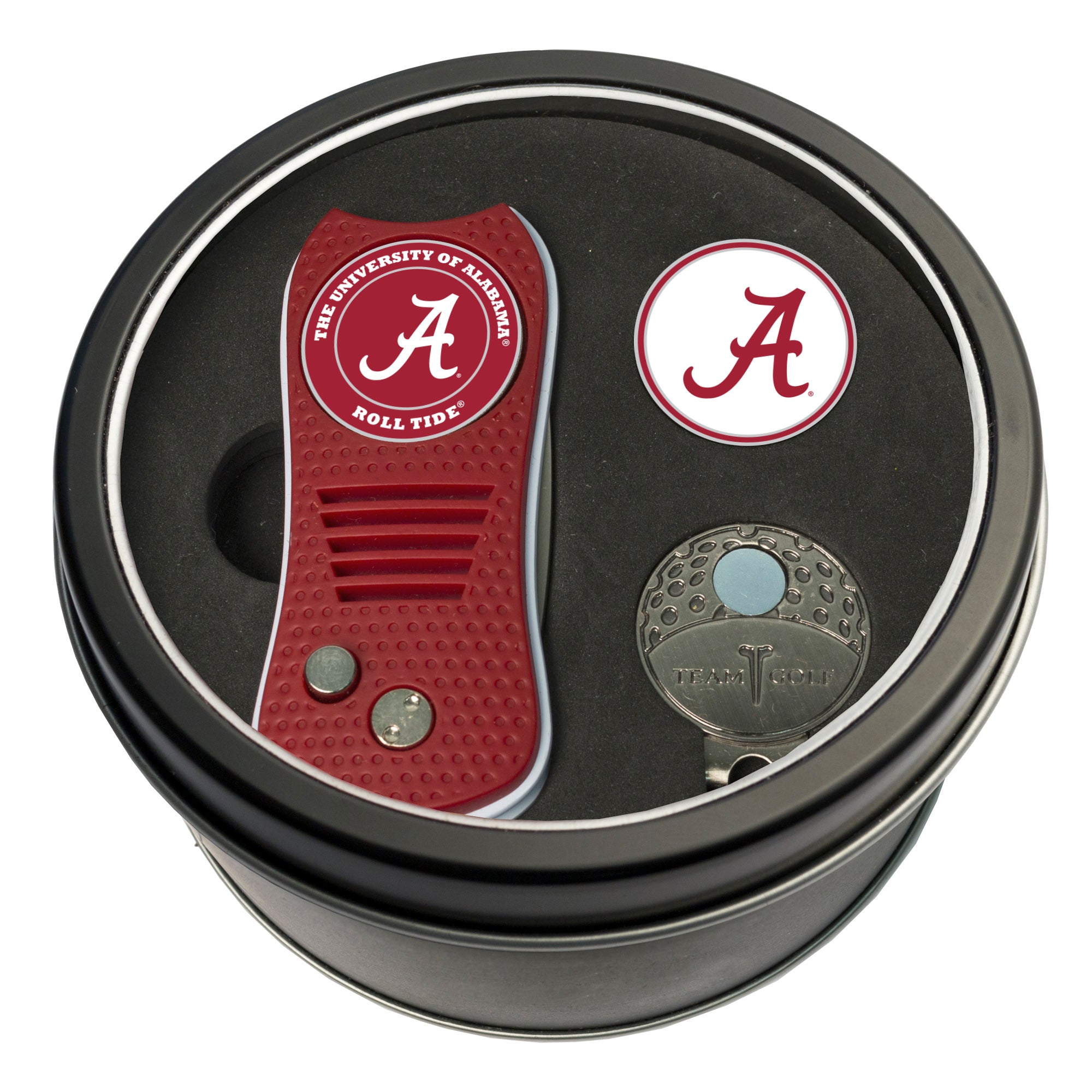 Alabama Crimson Tide Switchblade Divot Tool + Cap Clip + Ball Marker Tin Gift Set