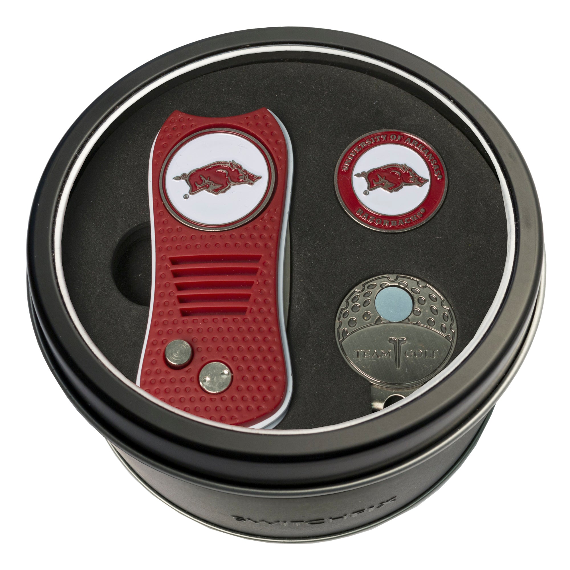 Arkansas Razorbacks Switchblade Divot Tool + Cap Clip + Ball Marker Tin Gift Set