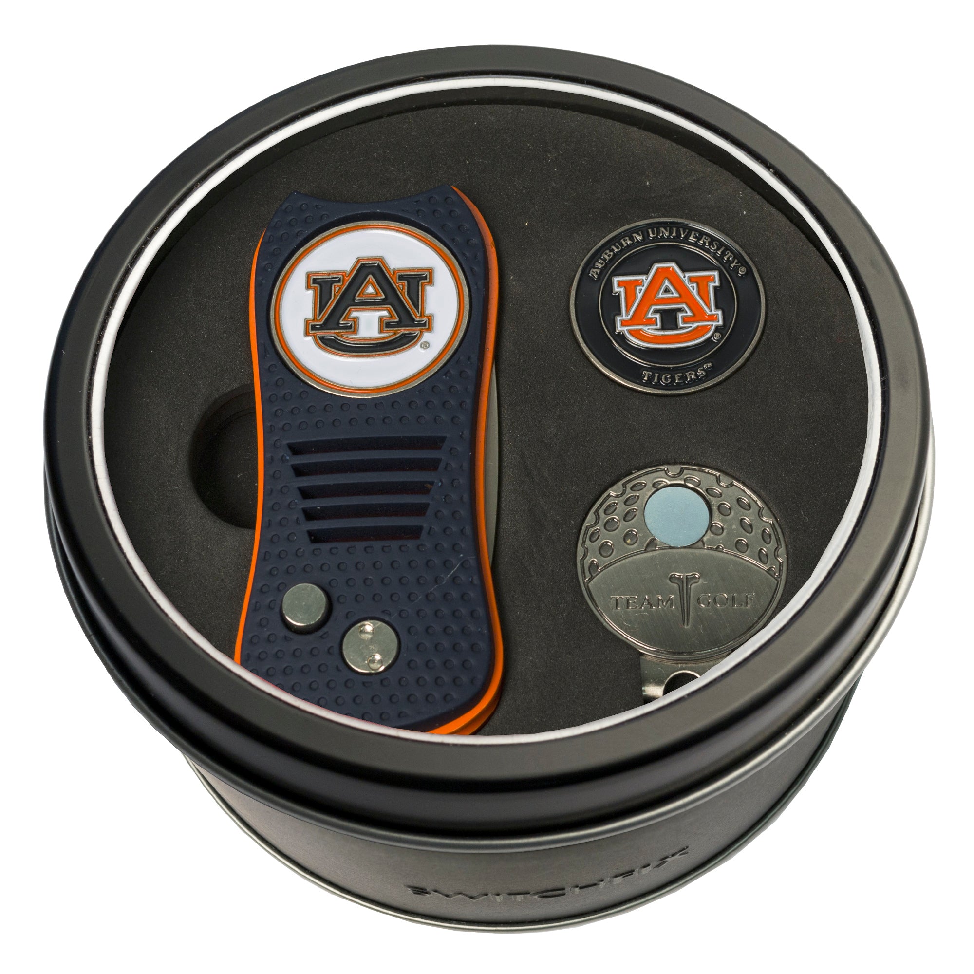 Auburn Tigers Switchblade Divot Tool + Cap Clip + Ball Marker Tin Gift Set