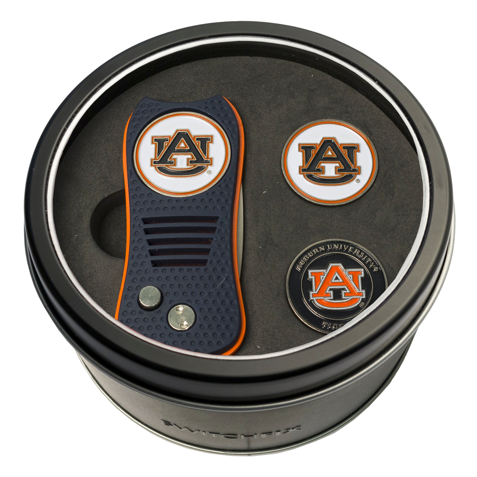 Auburn Tigers Switchblade Divot Tool + 2 Ball Marker Tin Gift Set