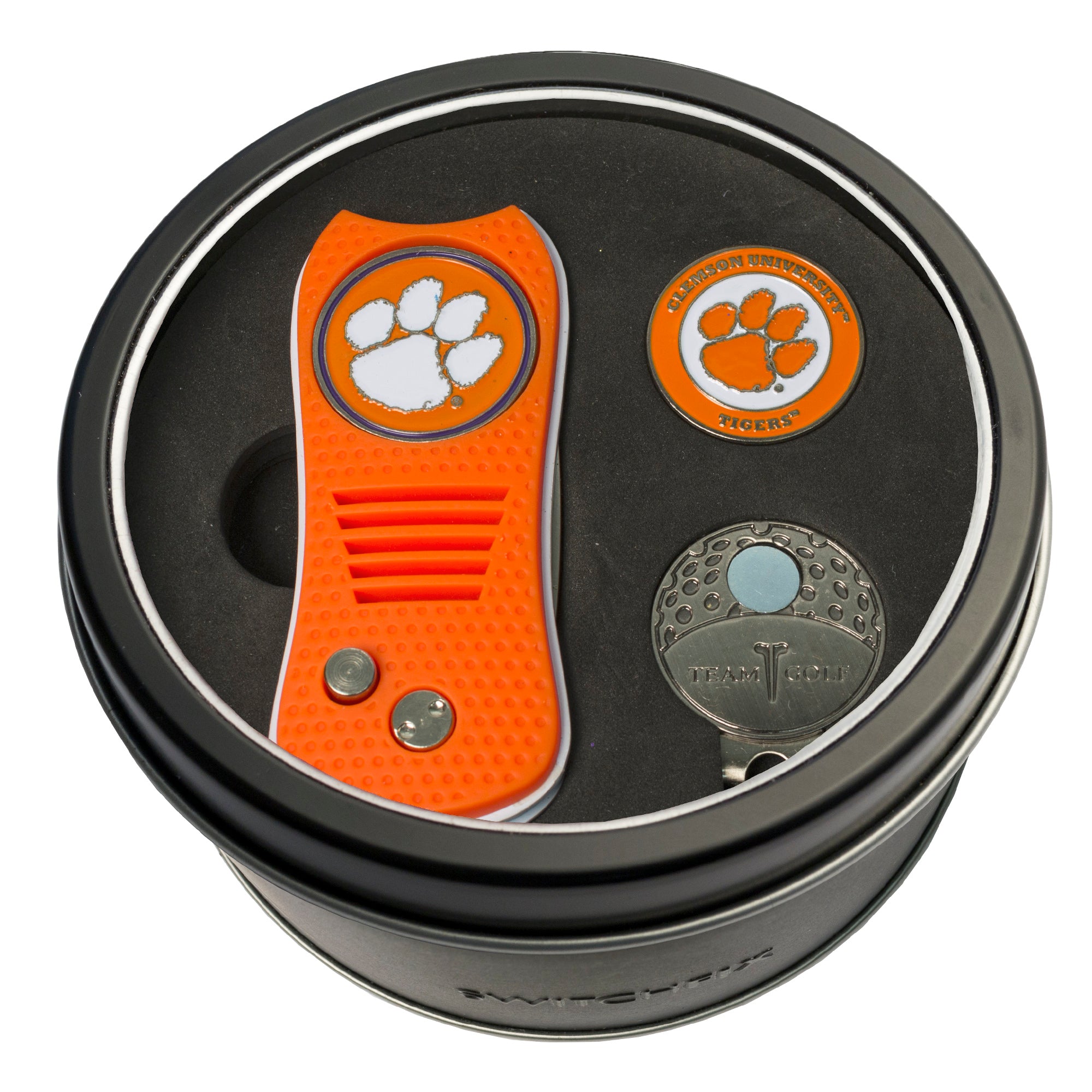 Clemson Tigers Switchblade Divot Tool + Cap Clip + Ball Marker Tin Gift Set