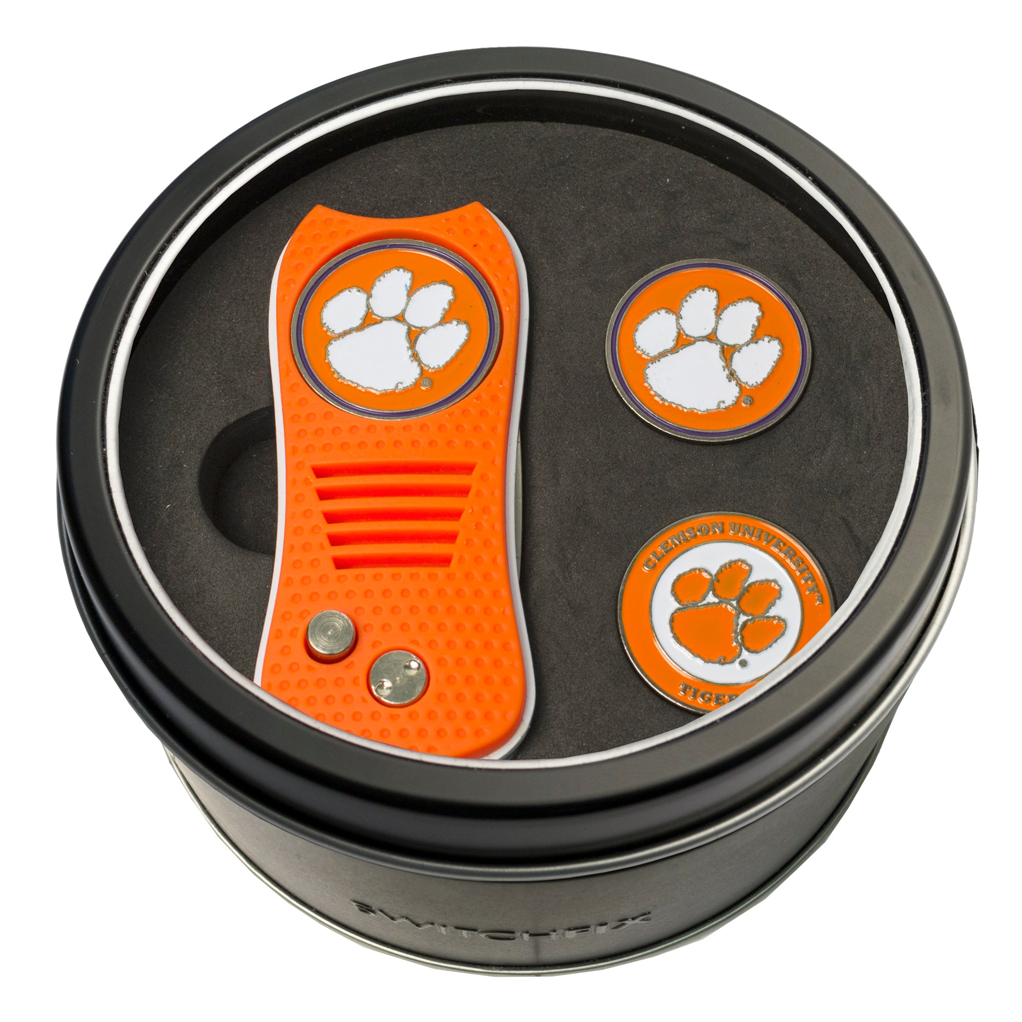 Clemson Tigers Switchblade Divot Tool + 2 Ball Marker Tin Gift Set