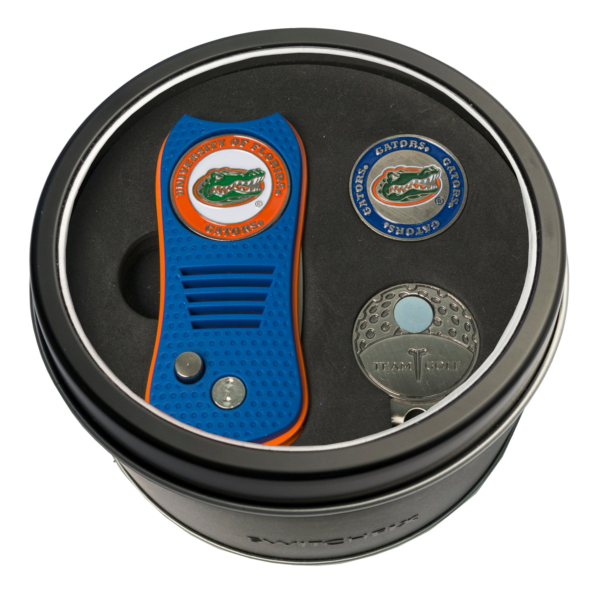 Florida Gators Switchblade Divot Tool + Cap Clip + Ball Marker Tin Gift Set