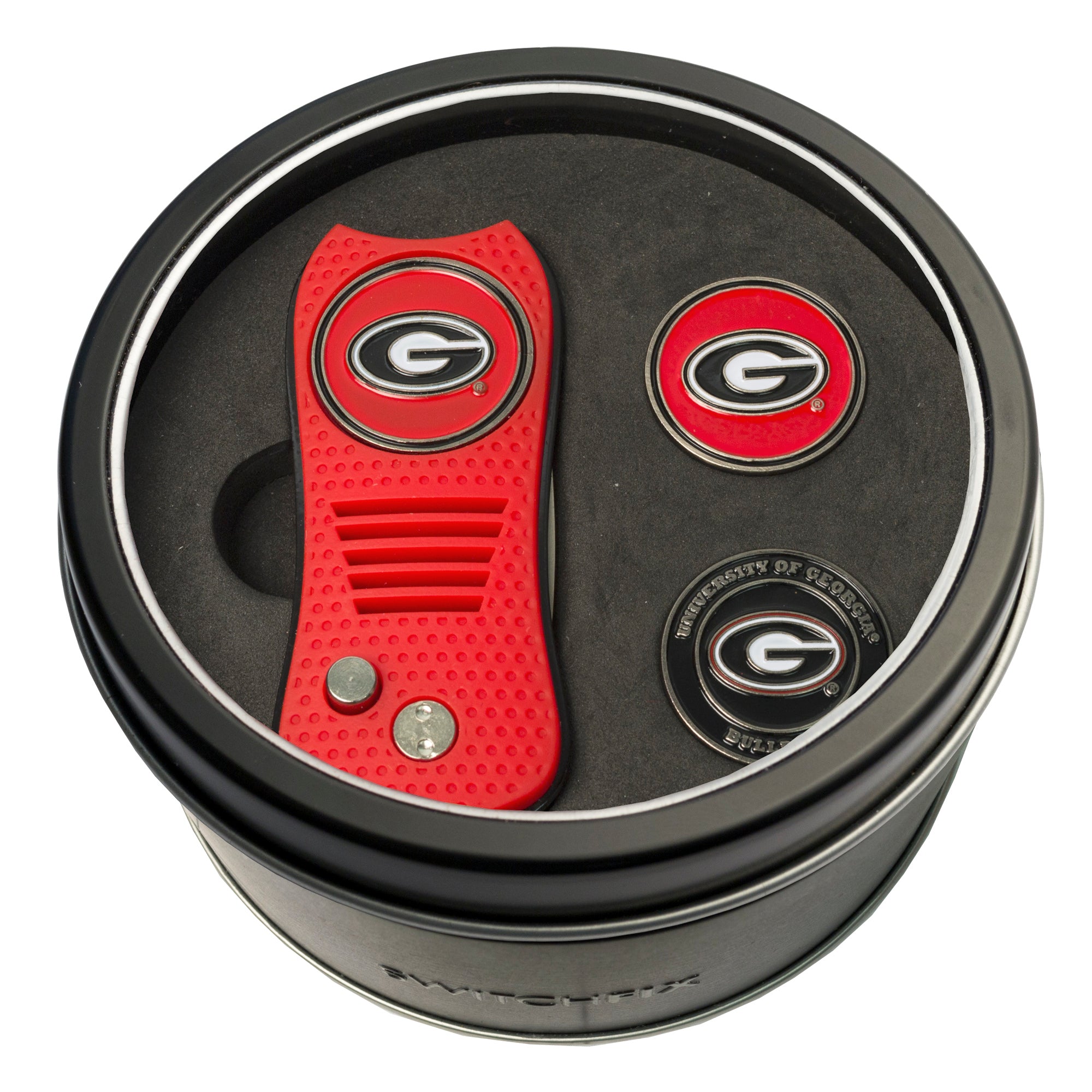 Georgia Bulldogs Switchblade Divot Tool + 2 Ball Marker Tin Gift Set