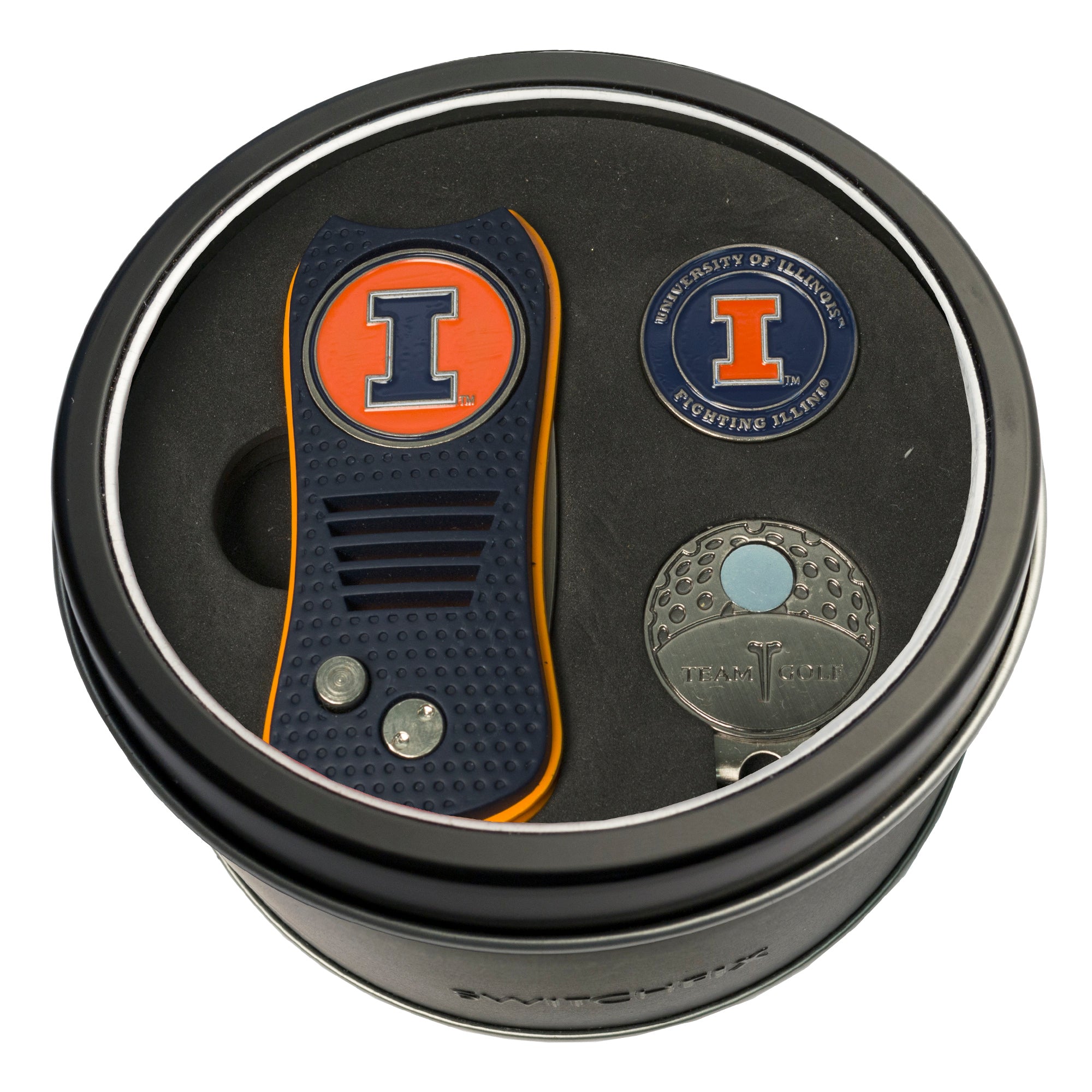 Illinois Fighting Illini Switchblade Divot Tool + Cap Clip + Ball Marker Tin Gift Set