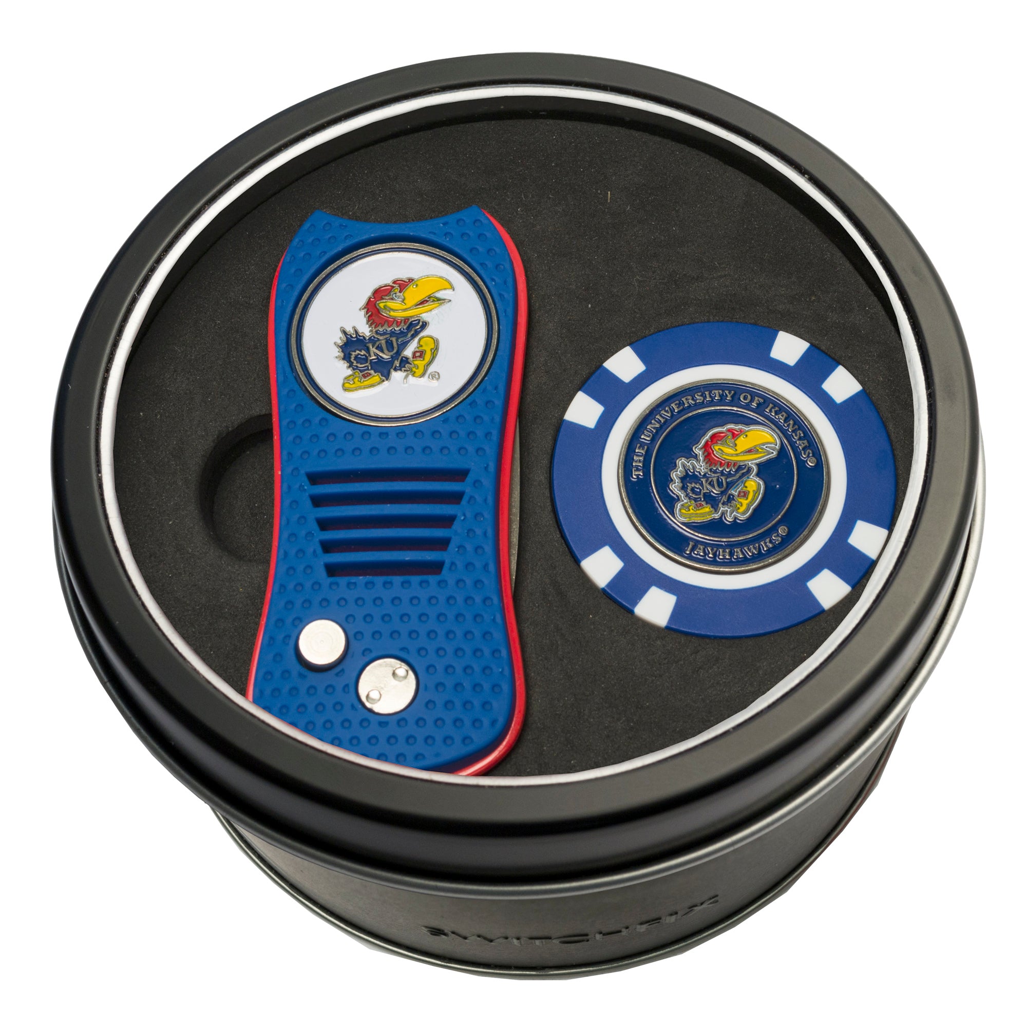 Kansas Jayhawks Switchblade Divot Tool + Golf Chip Tin Gift Set