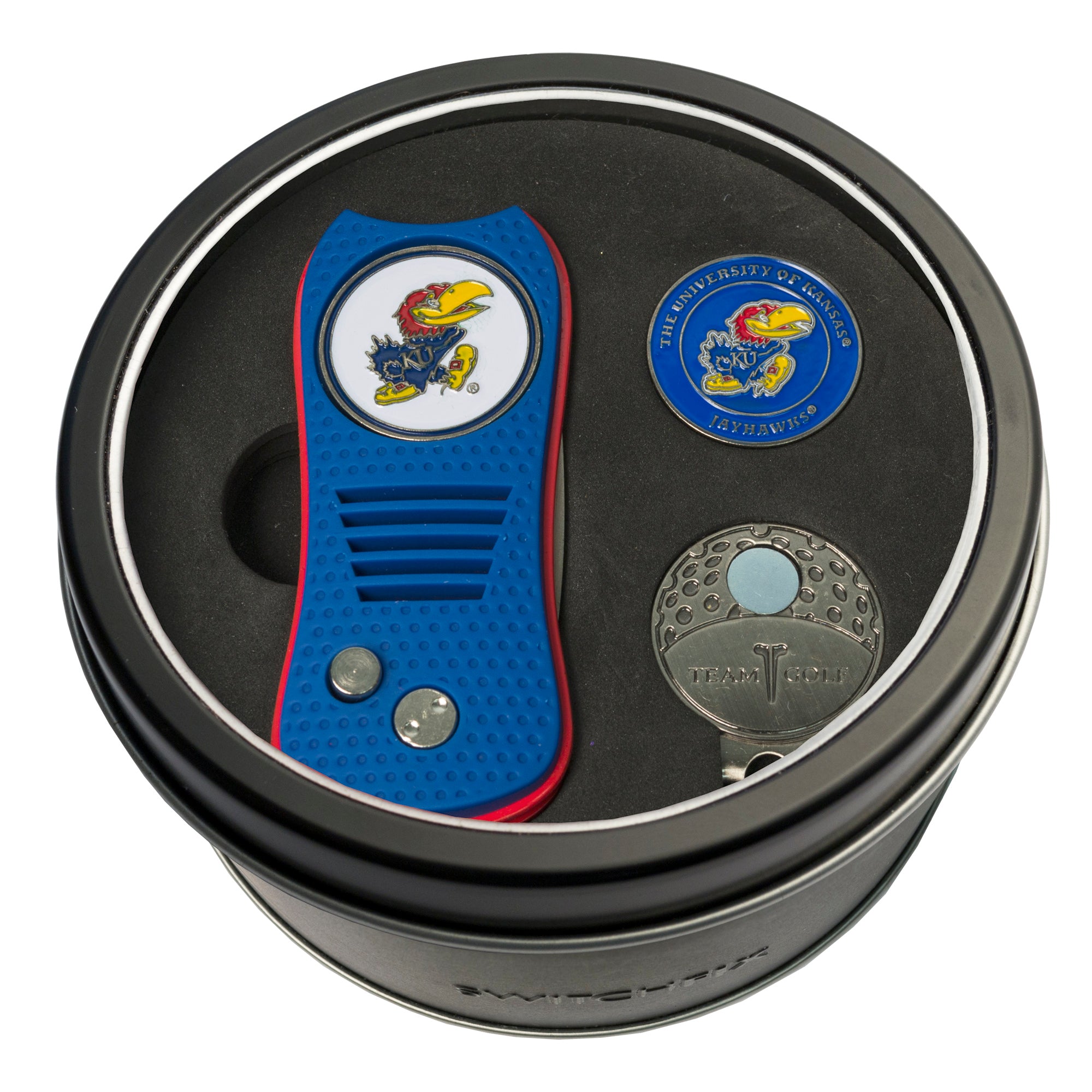 Kansas Jayhawks Switchblade Divot Tool + Cap Clip + Ball Marker Tin Gift Set