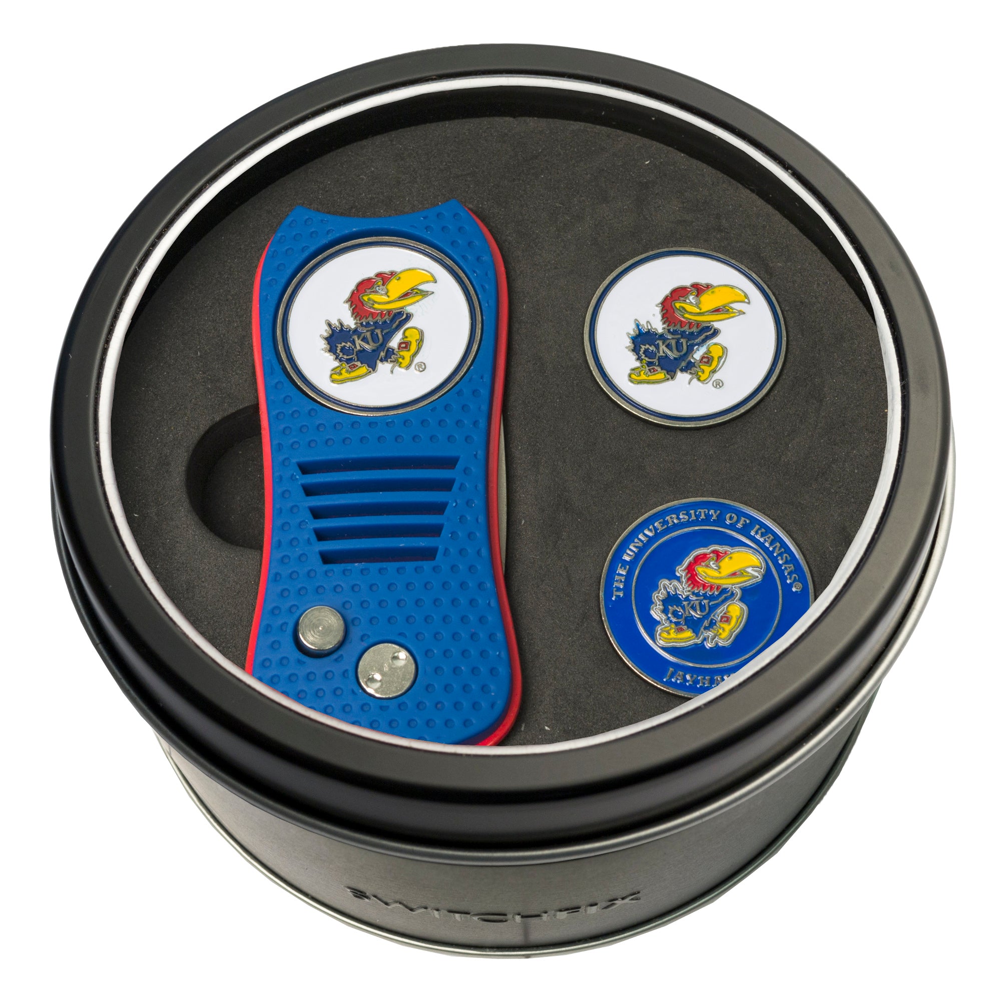 Kansas Jayhawks Switchblade Divot Tool + 2 Ball Marker Tin Gift Set