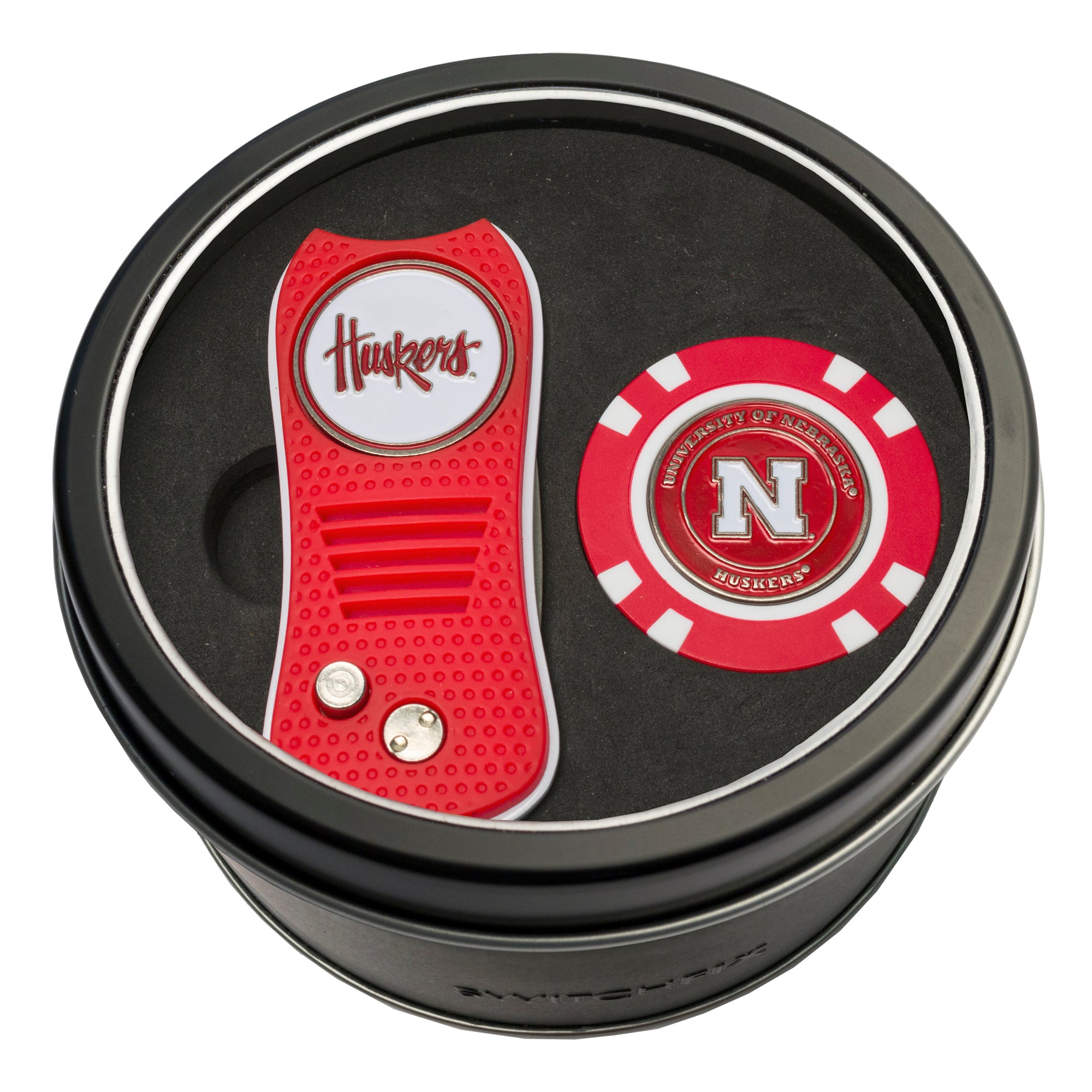 Nebraska Cornhuskers Switchblade Divot Tool + Golf Chip Tin Gift Set