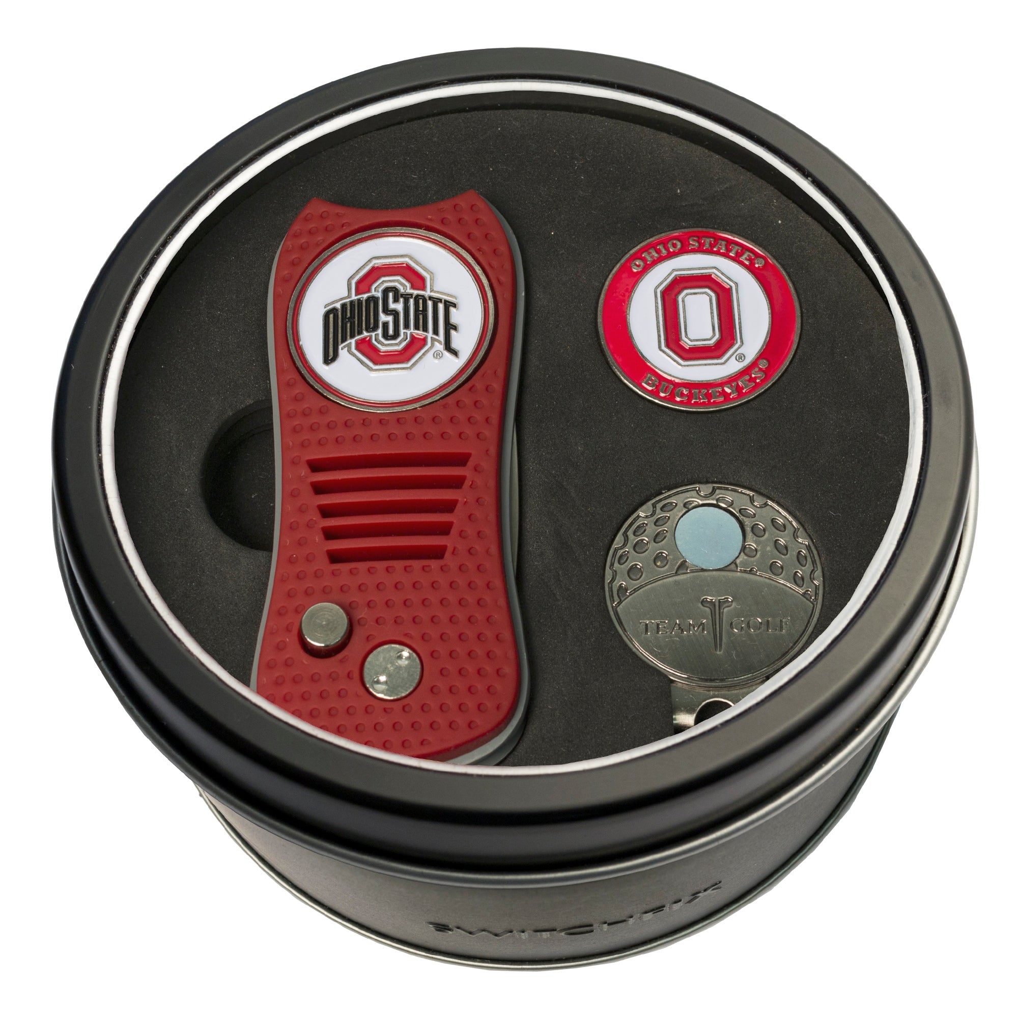 Ohio State Buckeyes Switchblade Divot Tool + Cap Clip + Ball Marker Tin Gift Set