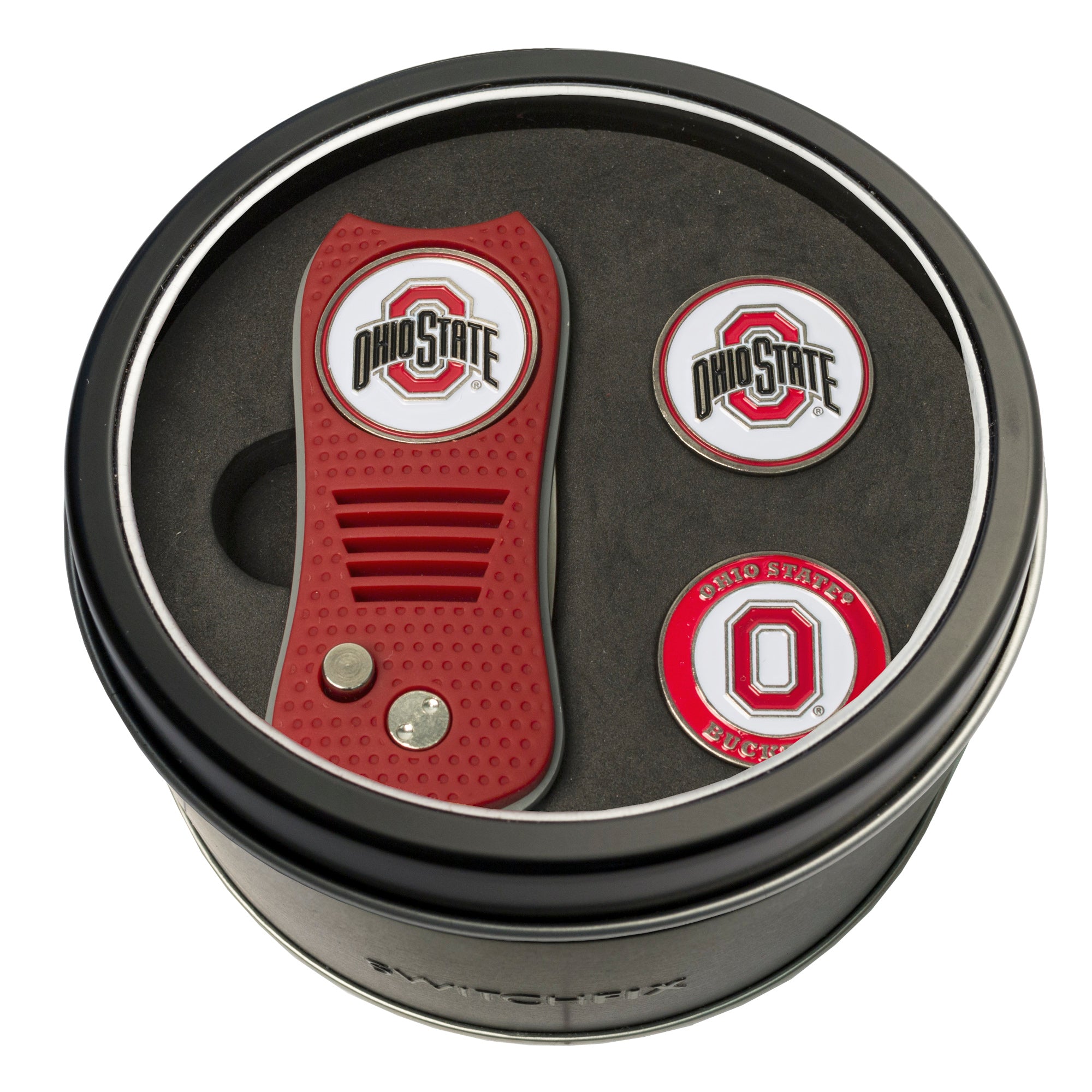 Ohio State Buckeyes Switchblade Divot Tool + 2 Ball Marker Tin Gift Set
