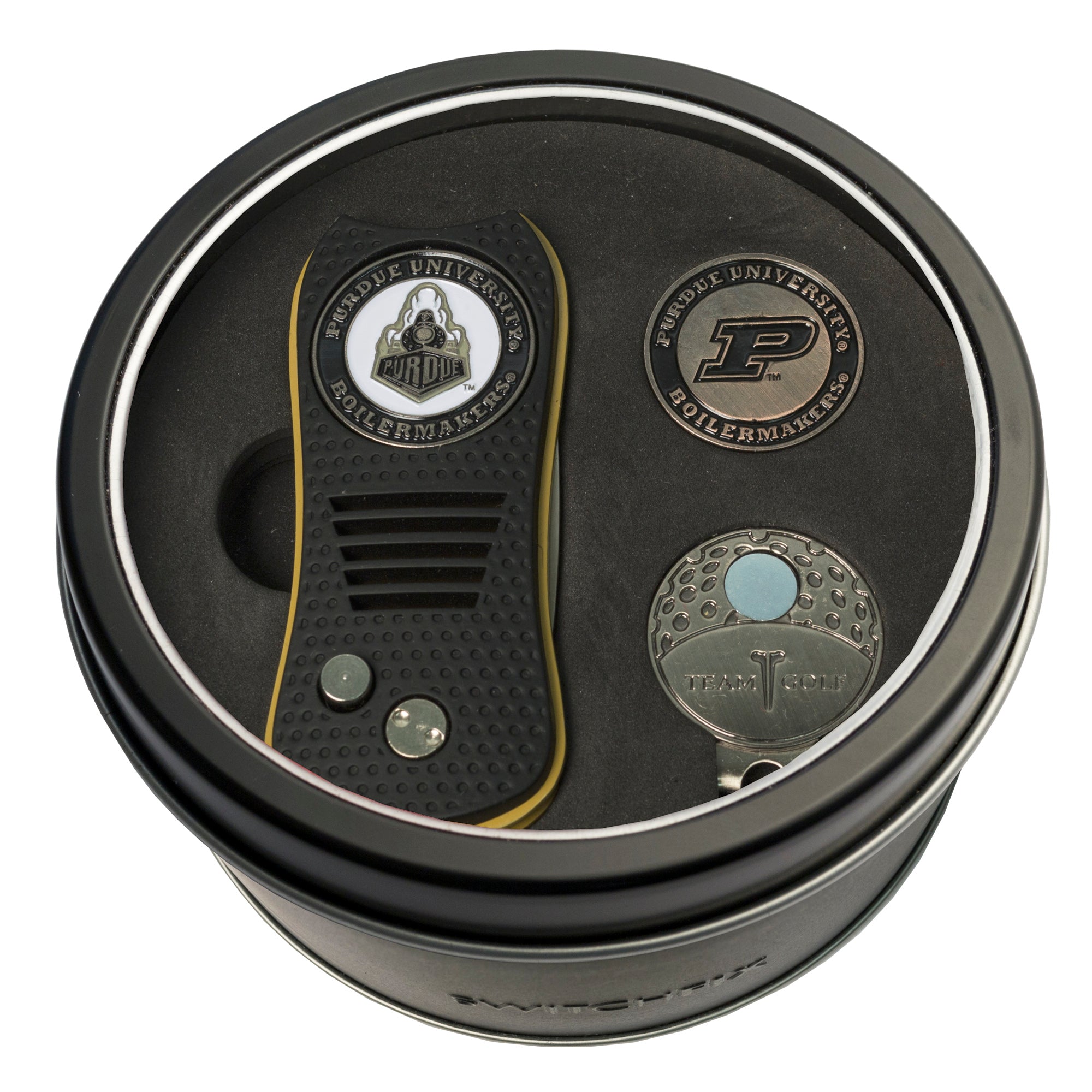 Purdue Boilermakers Switchblade Divot Tool + Cap Clip + Ball Marker Tin Gift Set
