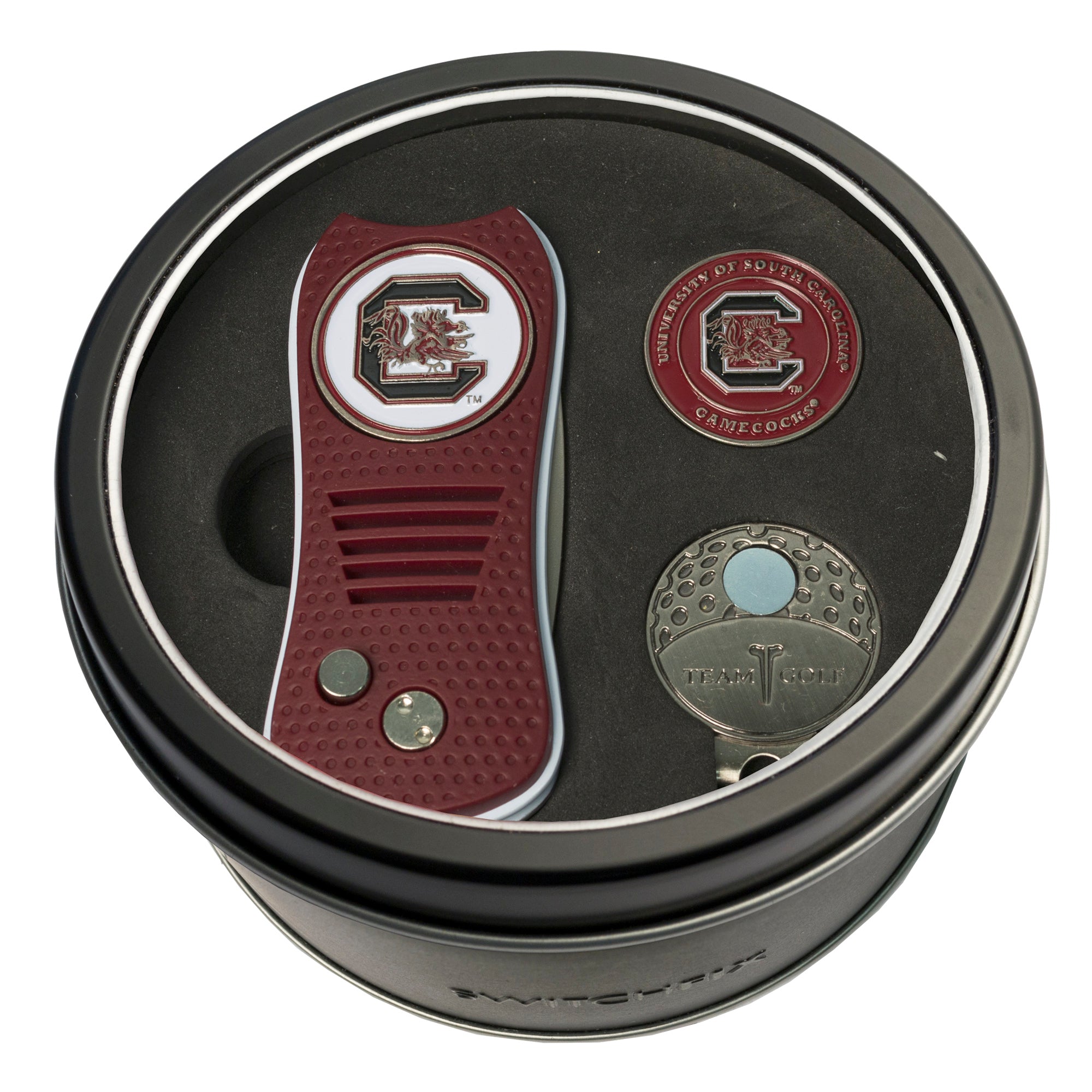 South Carolina Gamecocks Switchblade Divot Tool + Cap Clip + Ball Marker Tin Gift Set
