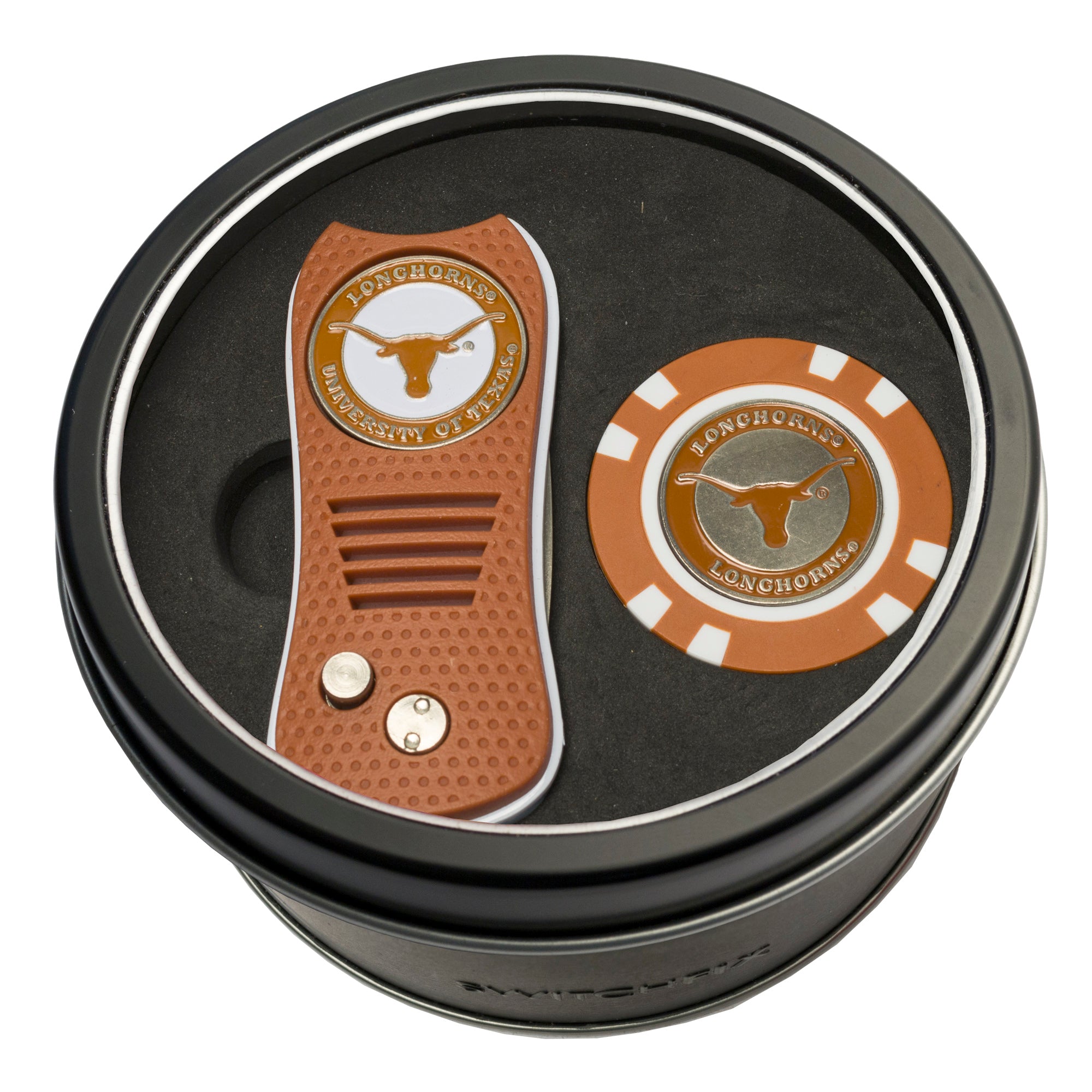 Texas Longhorns Switchblade Divot Tool + Golf Chip Tin Gift Set
