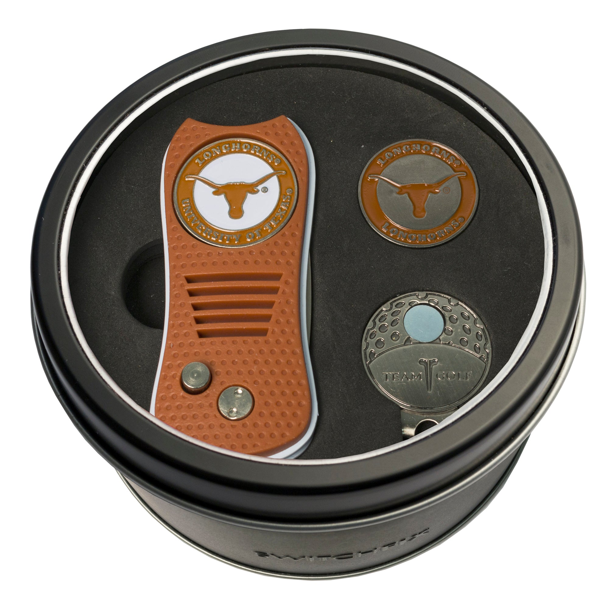 Texas Longhorns Switchblade Divot Tool + Cap Clip + Ball Marker Tin Gift Set