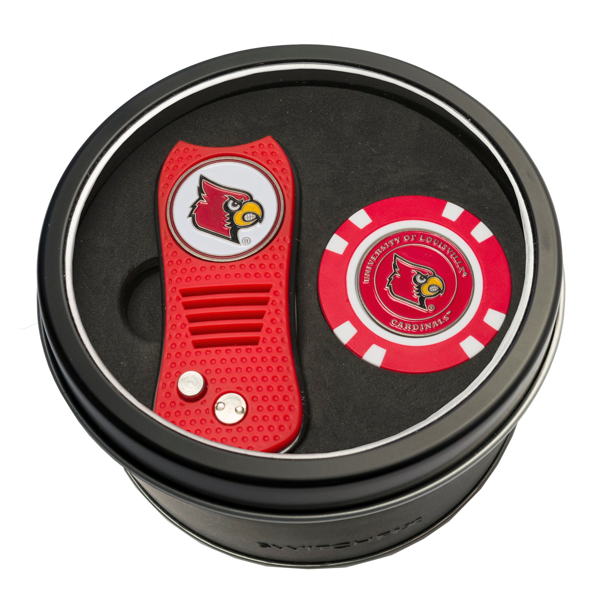 Louisville Cardinals Switchblade Divot Tool + Golf Chip Tin Gift Set